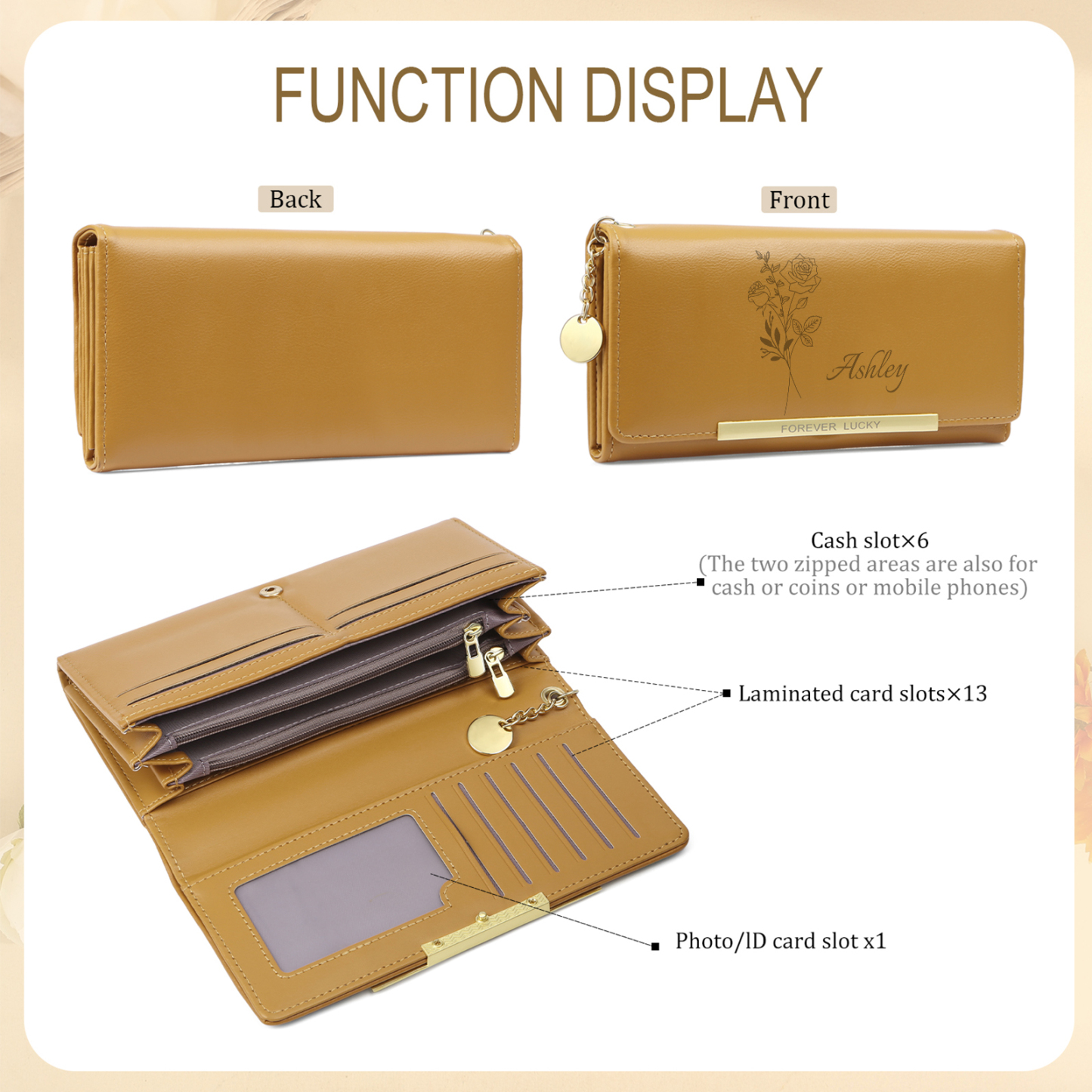 Personalised Women’s Wallet – Custom Birth Flower, Name & “Forever Lucky” Engraving – Valentine’s Day Gift for Her | Jessemade