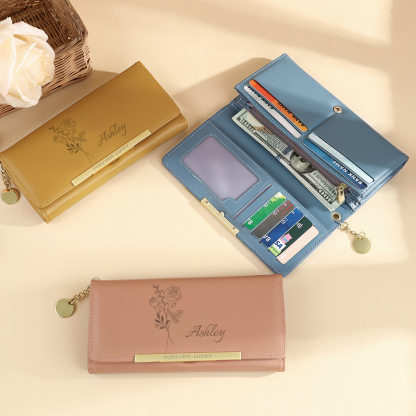 Personalised Women’s Wallet – Custom Birth Flower, Name & “Forever Lucky” Engraving – Valentine’s Day Gift for Her | Jessemade