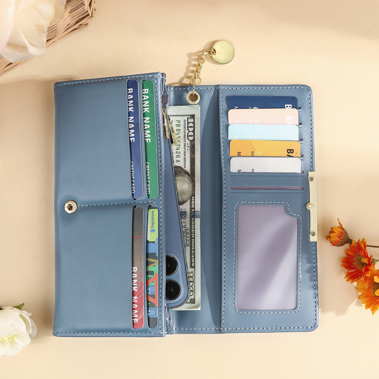 Personalised Women’s Wallet – Custom Names, Photo, Date & “Heart-in-Hand” Engraving with Stars – Available in Yellow, Blue & Pink – Valentine’s Day Gift for Her | Jessemade