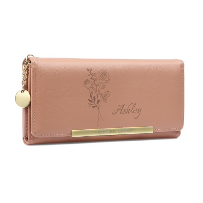 Personalised Women’s Wallet – Custom Birth Flower, Name & “Forever Lucky” Engraving – Valentine’s Day Gift for Her | Jessemade