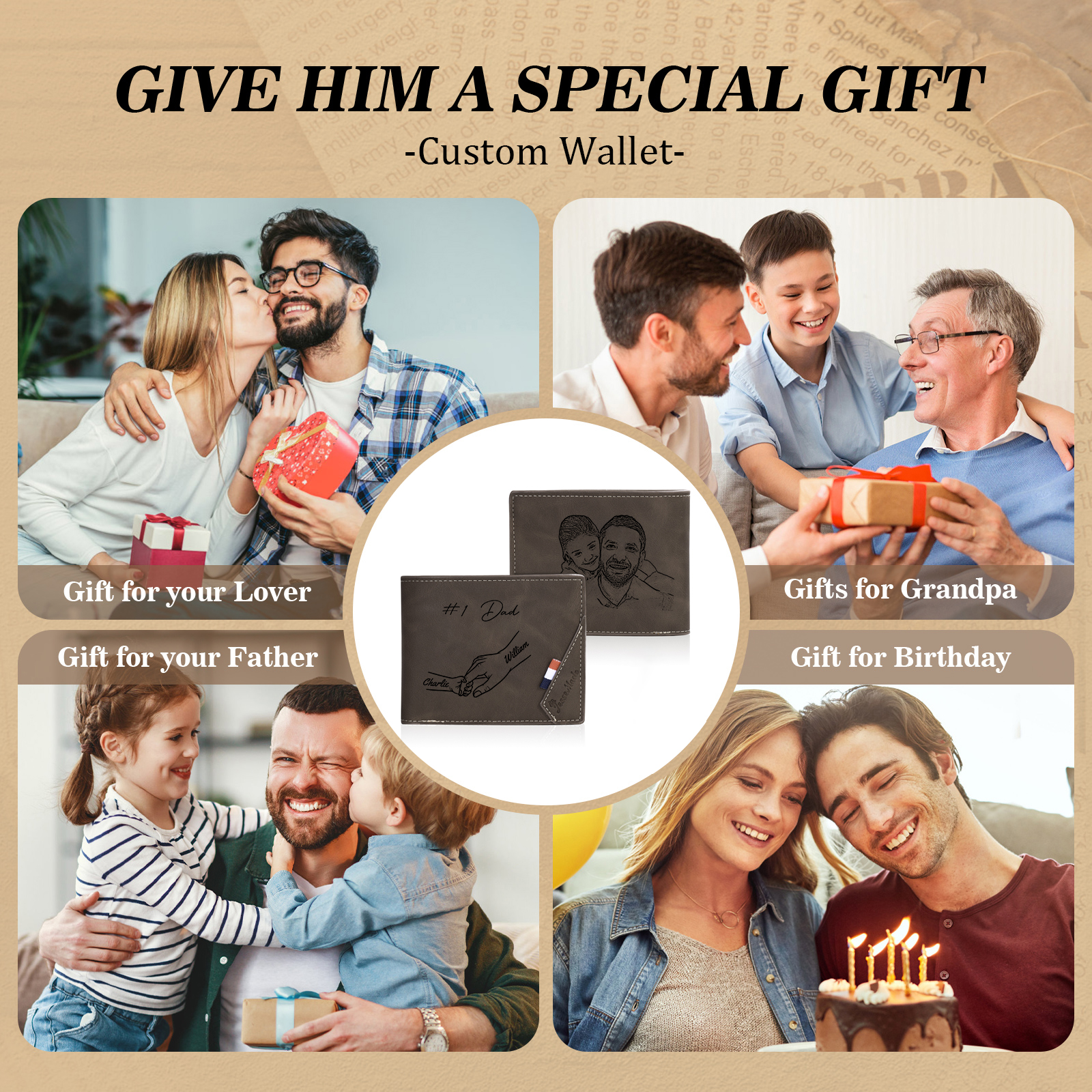 Custom PU Leather Wallet for Dad – Father's Day Engraved Photo + Name Gift from Kids | Jessemade