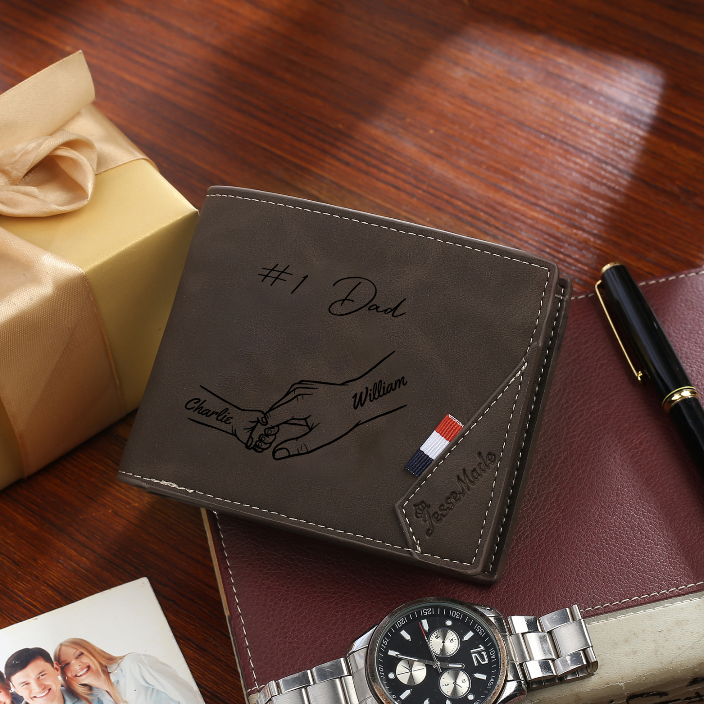 Custom PU Leather Wallet for Dad – Father's Day Engraved Photo + Name Gift from Kids | Jessemade