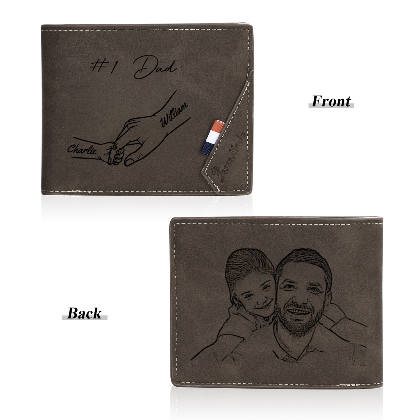 Custom PU Leather Wallet for Dad – Father's Day Engraved Photo + Name Gift from Kids | Jessemade