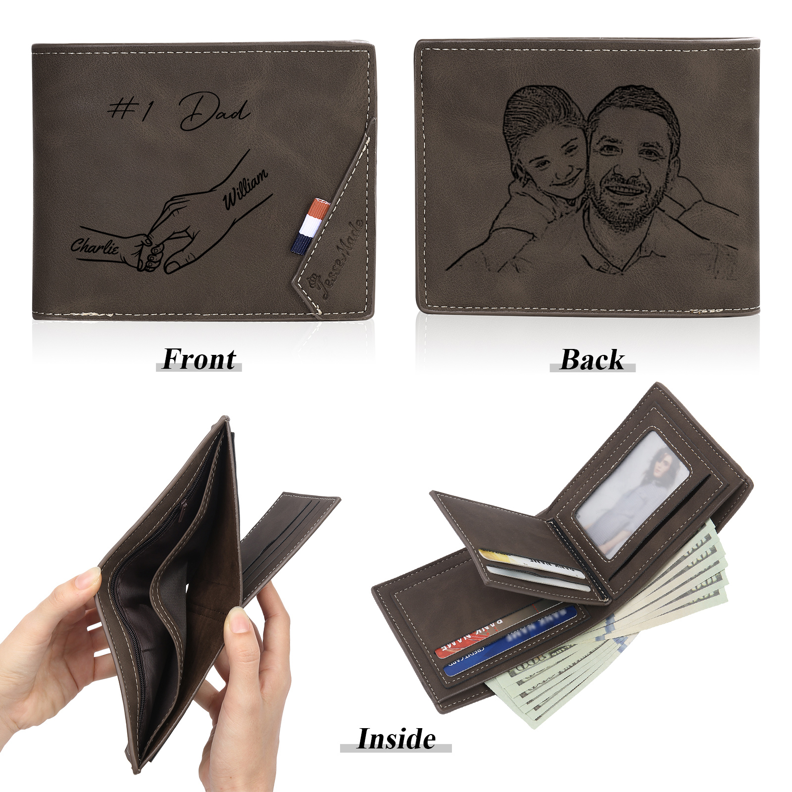 Custom PU Leather Wallet for Dad – Father's Day Engraved Photo + Name Gift from Kids | Jessemade