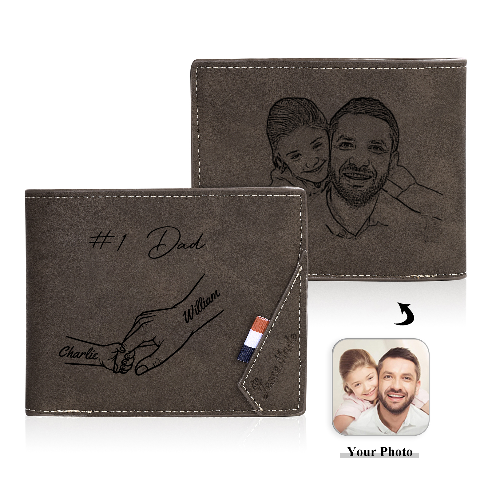 Custom PU Leather Wallet for Dad – Father's Day Engraved Photo + Name Gift from Kids | Jessemade