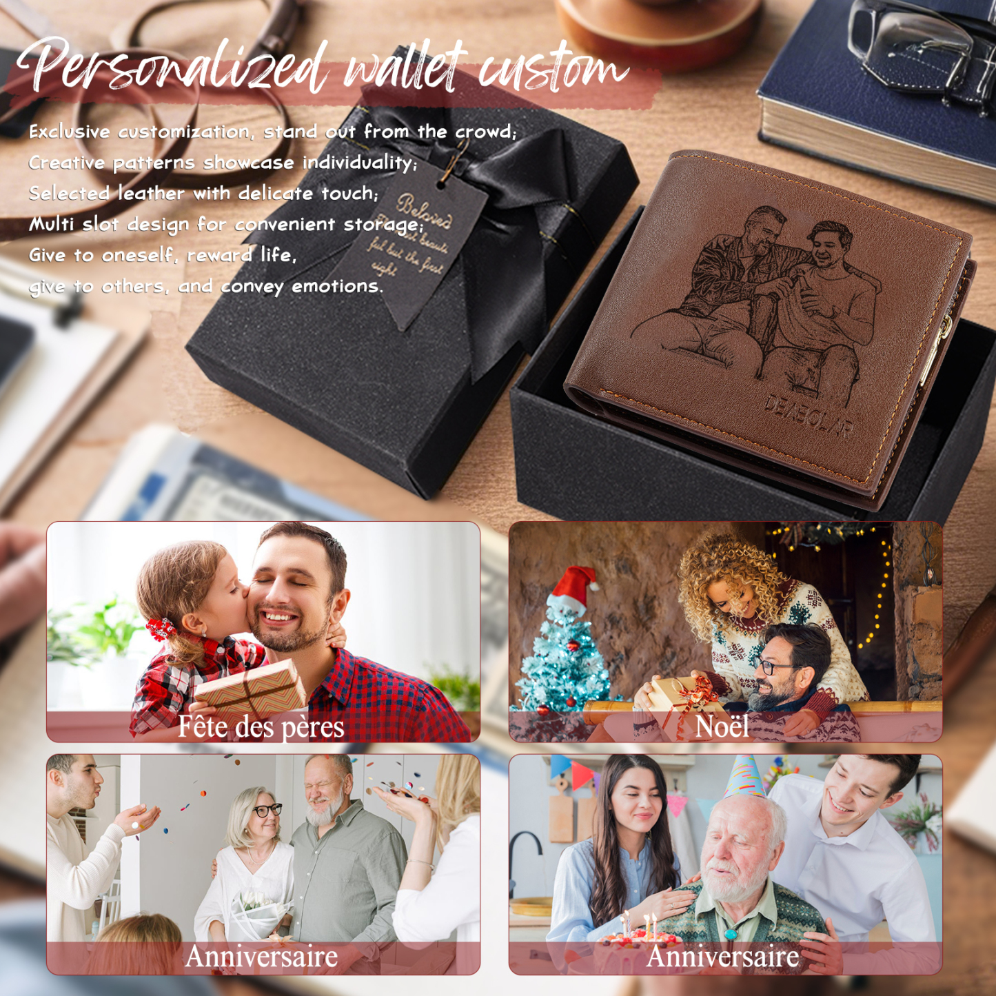 Initial & Name & Photo - Unique Personalized Photo PU Leather Wallet for Father's Day - Thoughtful Gift for Dad