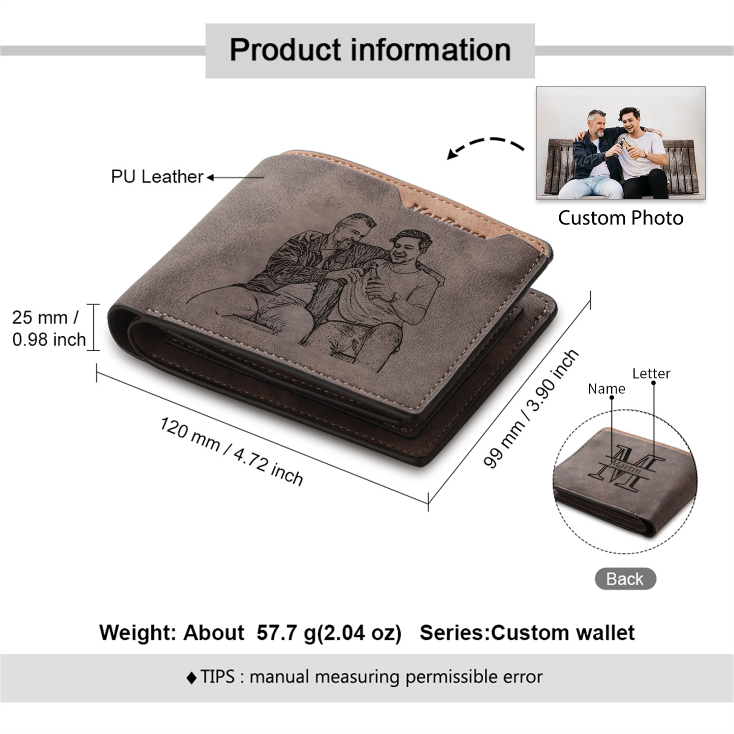 Initial & Name & Photo - Unique Personalized Photo PU Leather Wallet for Father's Day - Thoughtful Gift for Dad