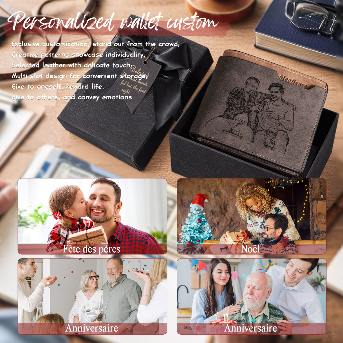 Initial & Name & Photo - Unique Personalized Photo PU Leather Wallet for Father's Day - Thoughtful Gift for Dad