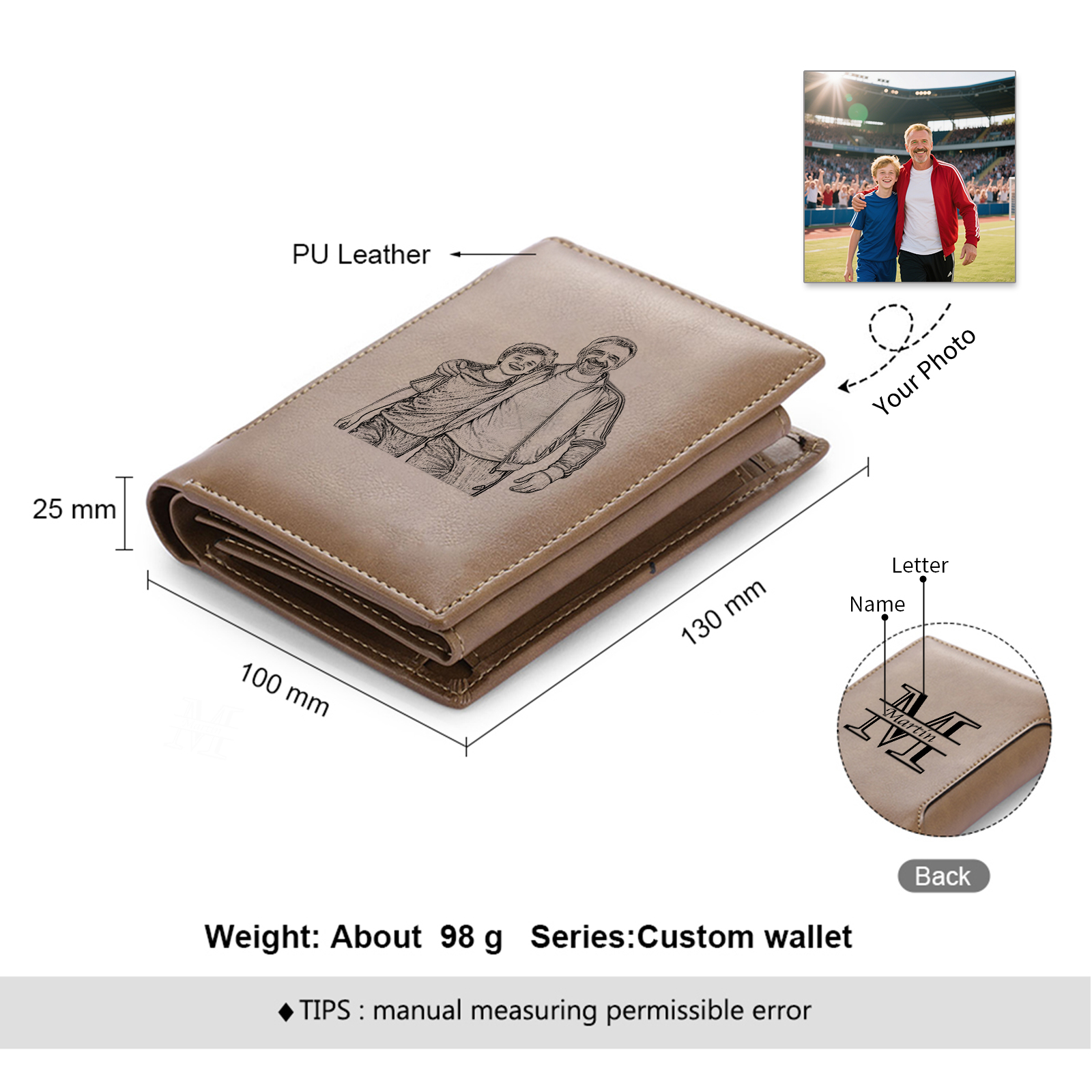 Initial & Name & Photo - Unique Personalized Photo PU Leather Wallet for Father's Day - Thoughtful Gift for Dad - Style 3