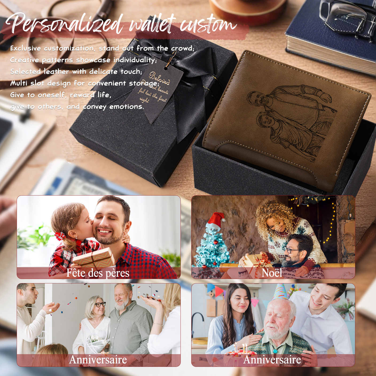 Initial & Name & Photo - Unique Personalized Photo PU Leather Wallet for Father's Day - Thoughtful Gift for Dad - Style 3