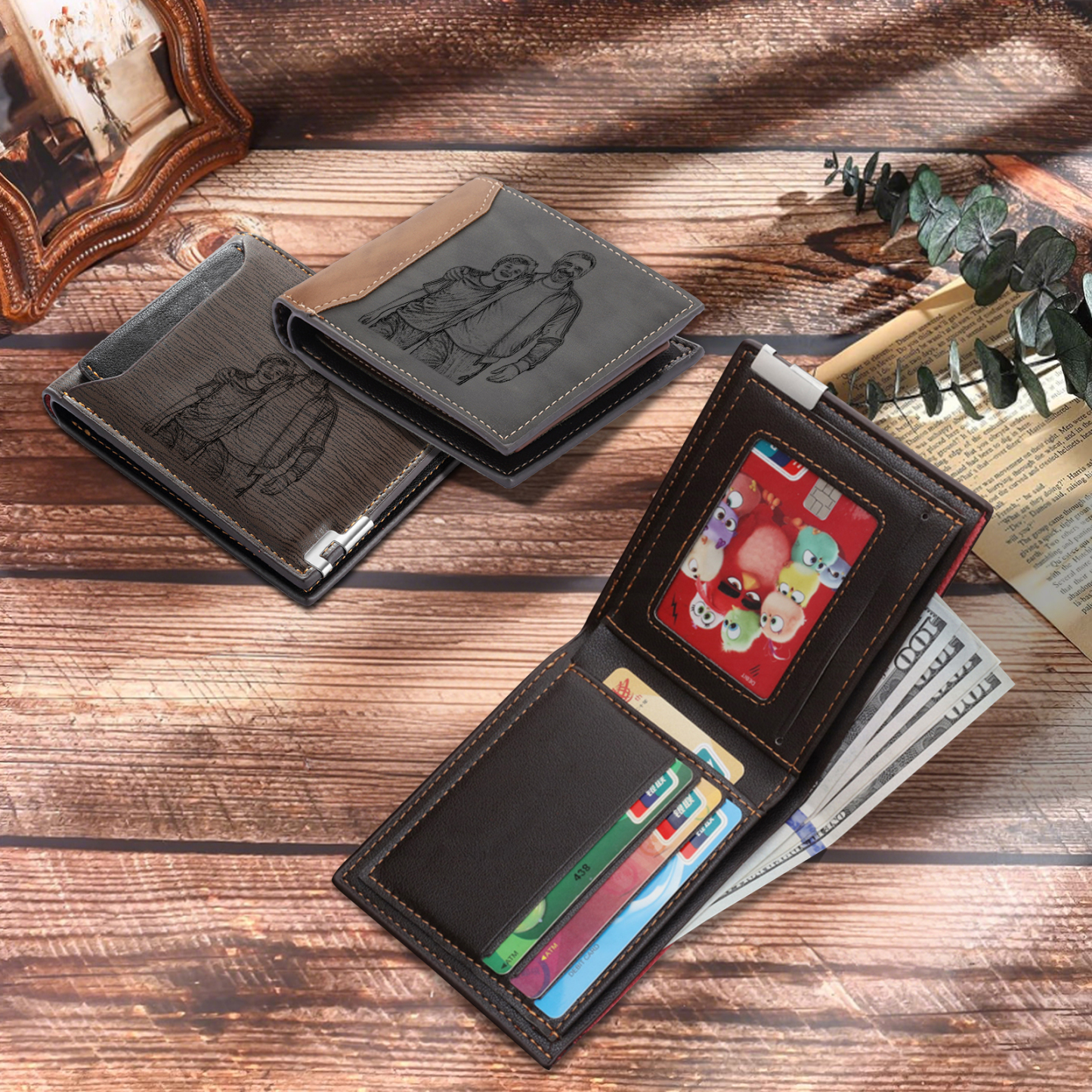 Initial & Name & Photo - Unique Personalized Photo PU Leather Wallet for Father's Day - Thoughtful Gift for Dad - Style 4