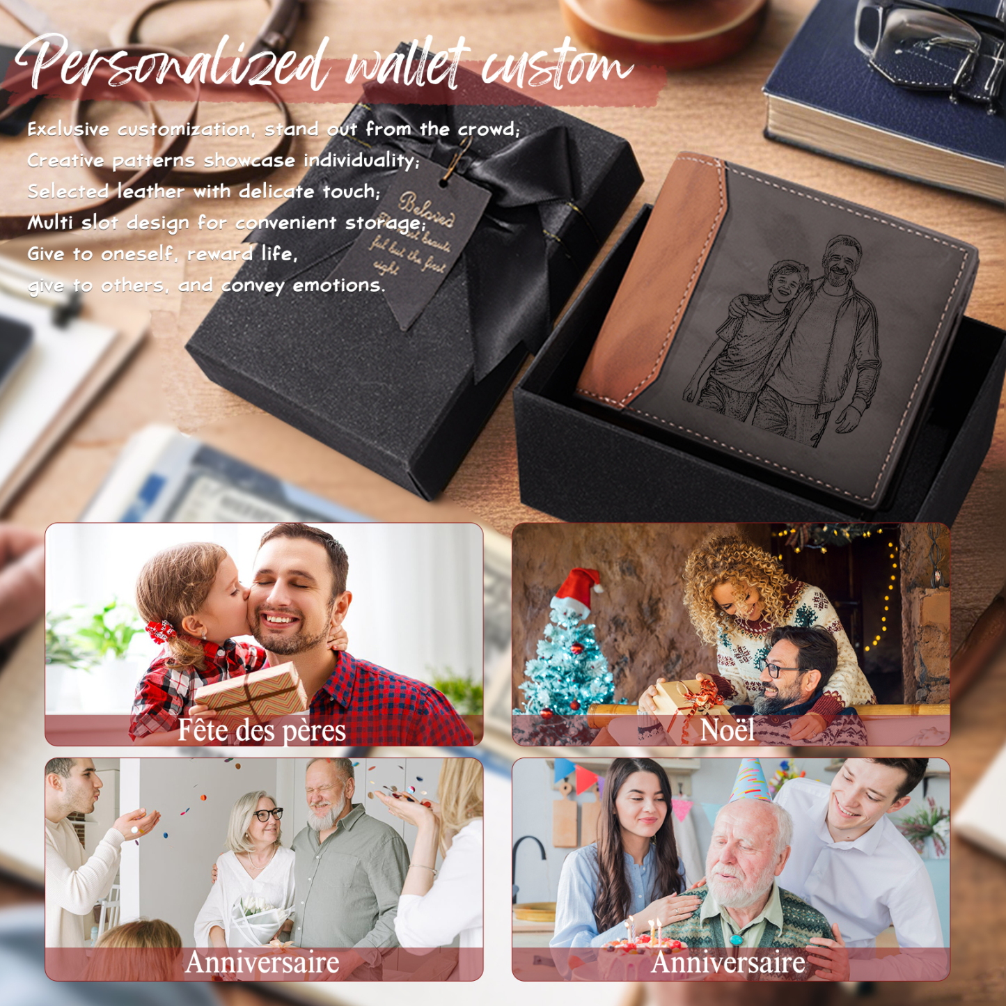 Initial & Name & Photo - Unique Personalized Photo PU Leather Wallet for Father's Day - Thoughtful Gift for Dad - Style 4