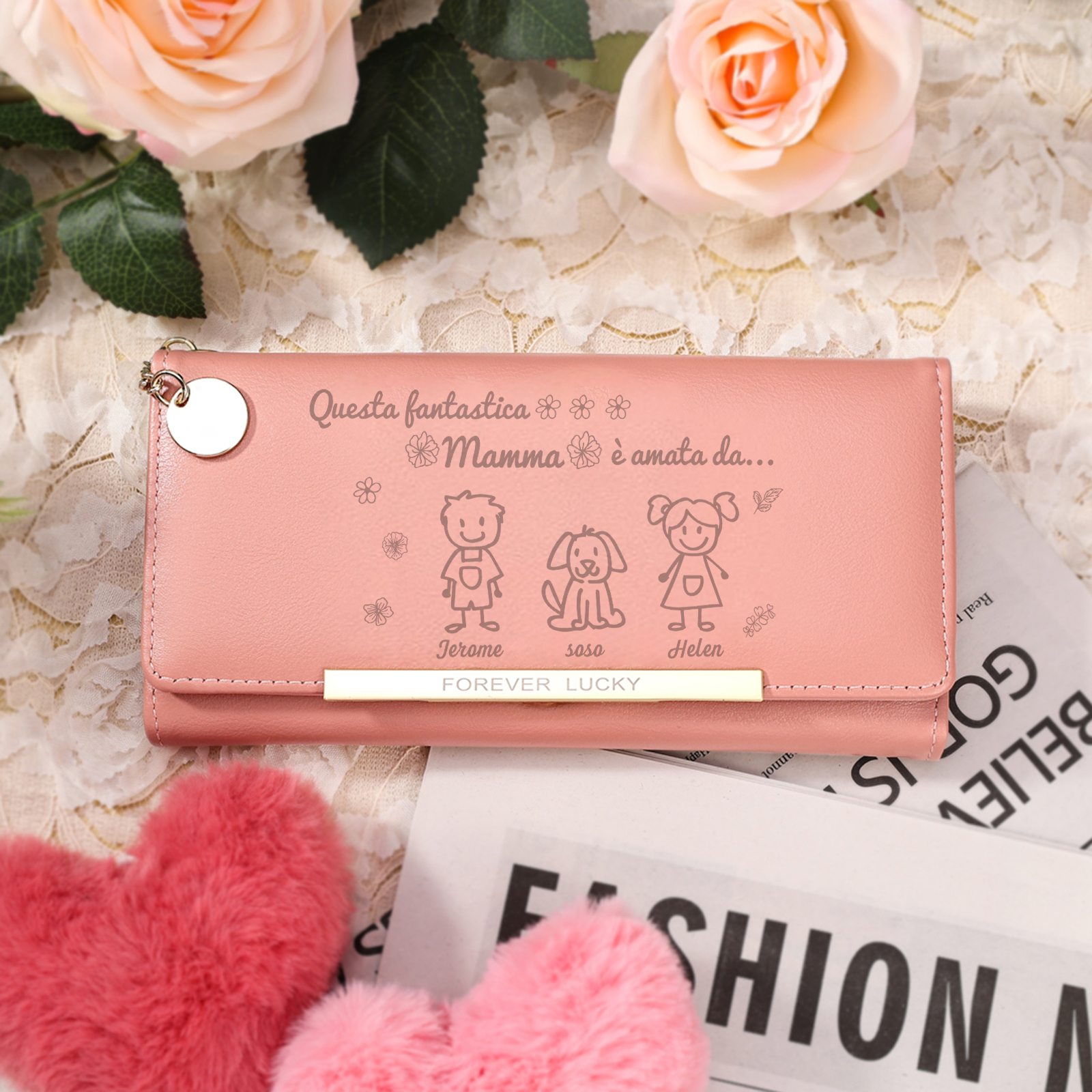 Personalized Pink Photo Wallet with 3 Names – A Unique Gift for Mother’s Day 