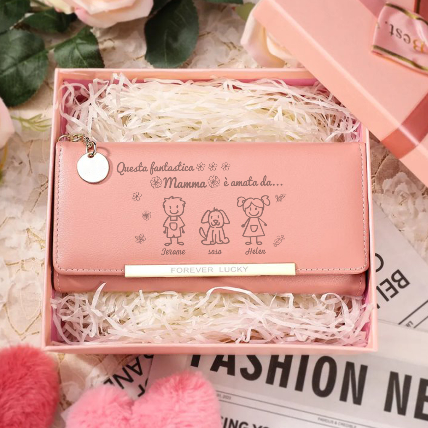 Personalized Pink Photo Wallet with 3 Names – A Unique Gift for Mother’s Day 