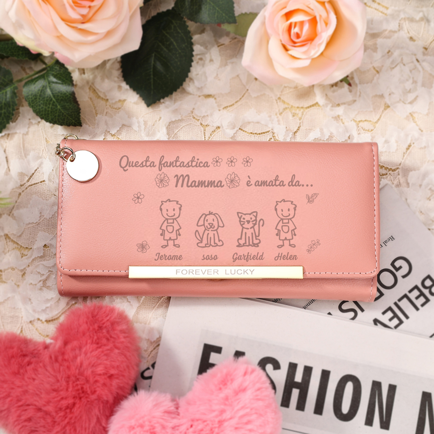 Personalized Pink Photo Wallet with 4 Names – A Unique Gift for Mother’s Day 