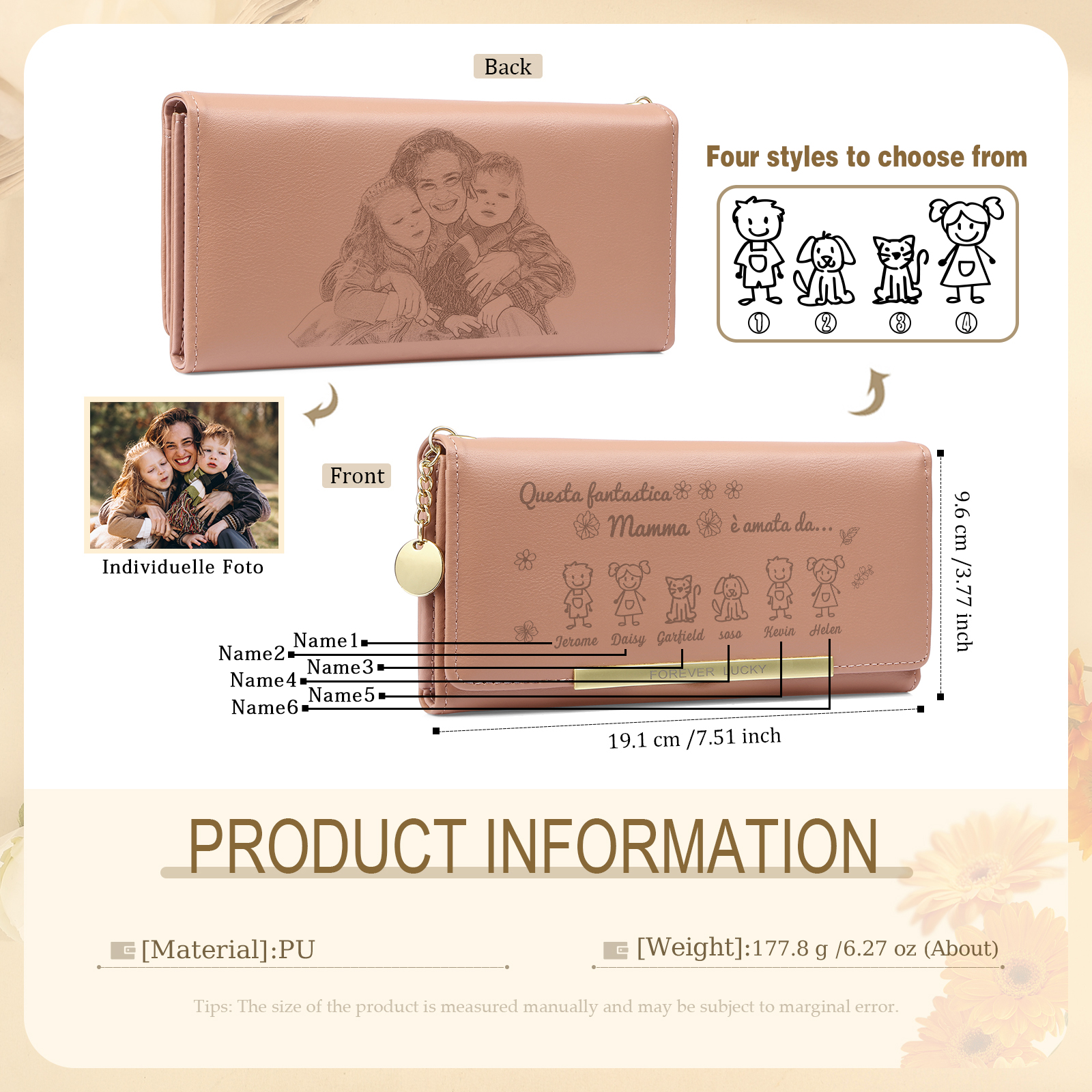 Personalized Pink Photo Wallet with 6 Names – A Unique Gift for Mother’s Day 