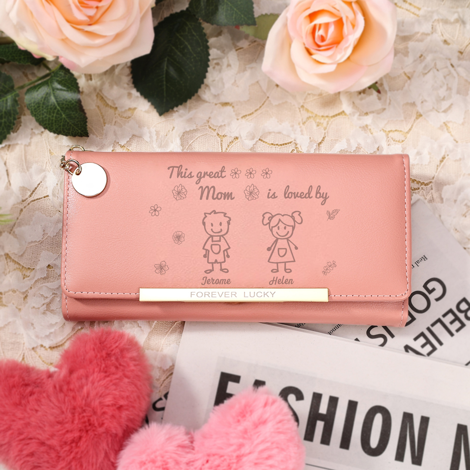 2 Names & Icon & Photo - Personalized PU Leather Mom Wallet  – Thoughtful Mother’s Day Gift