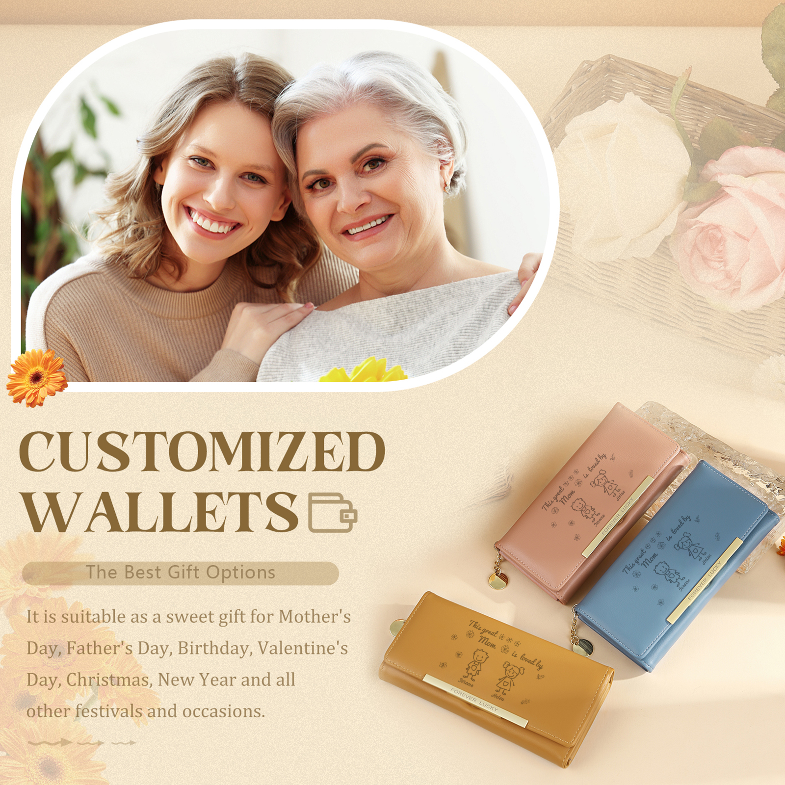 2 Names & Icon & Photo - Personalized PU Leather Mom Wallet  – Thoughtful Mother’s Day Gift
