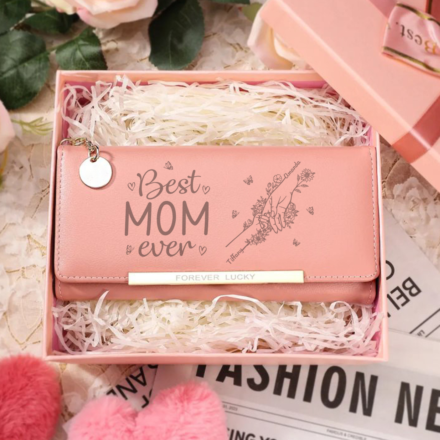 Personalized PU Leather Wallet with 2 Names – Best MOM Ever - A Unique Gift for Mother’s Day | Jessemade