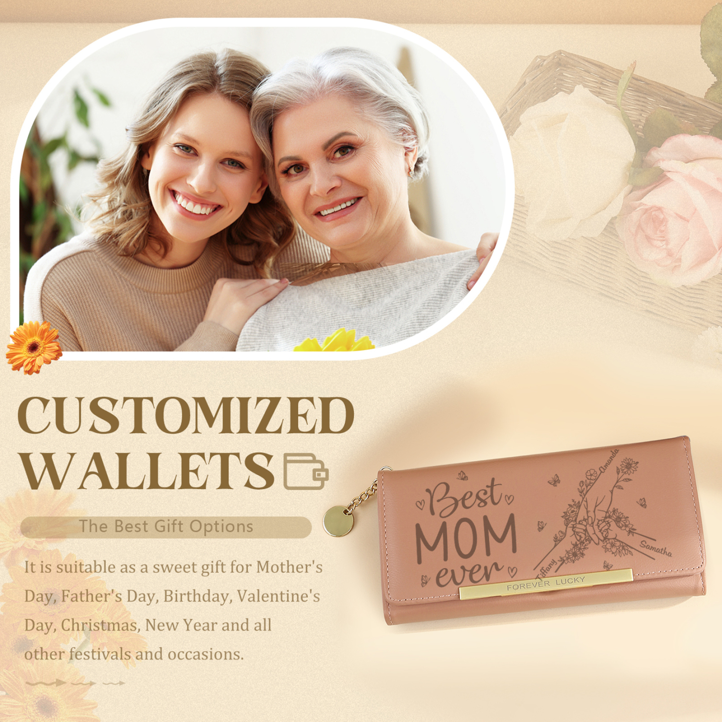 Personalized PU Leather Wallet with 3 Names – Best MOM Ever - A Unique Gift for Mother’s Day | Jessemade