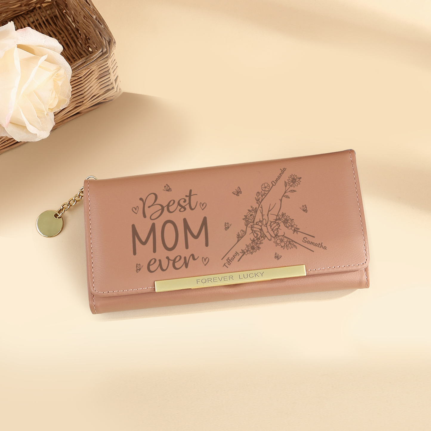 Personalized PU Leather Wallet with 3 Names – Best MOM Ever - A Unique Gift for Mother’s Day | Jessemade
