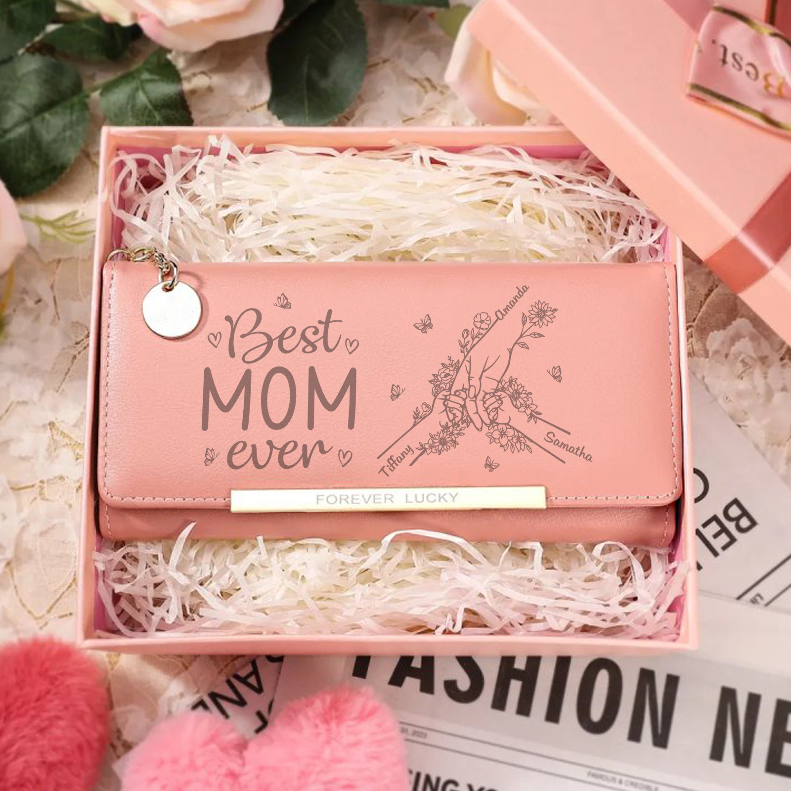 Personalized PU Leather Wallet with 3 Names – Best MOM Ever - A Unique Gift for Mother’s Day | Jessemade