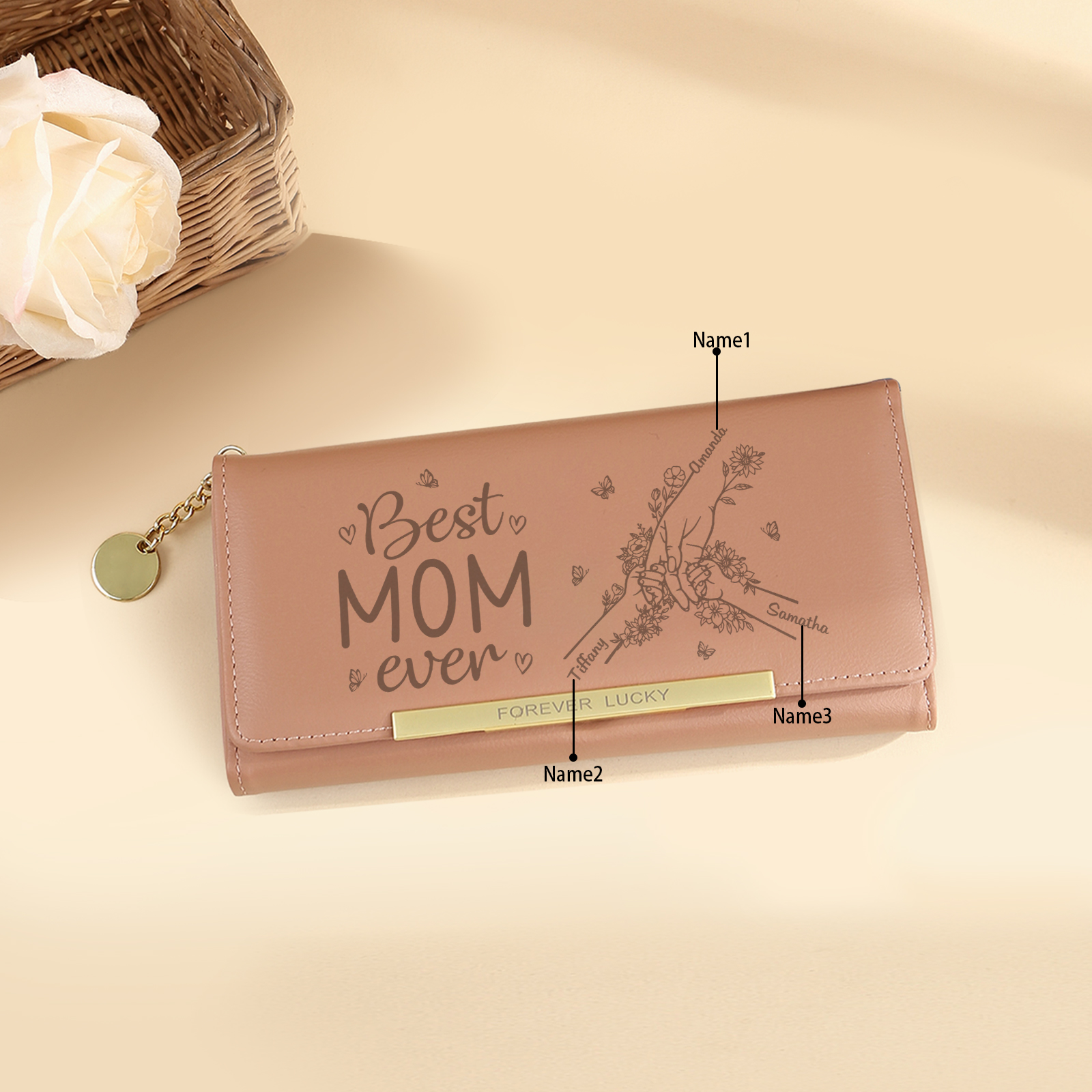 Personalized PU Leather Wallet with 3 Names – Best MOM Ever - A Unique Gift for Mother’s Day | Jessemade