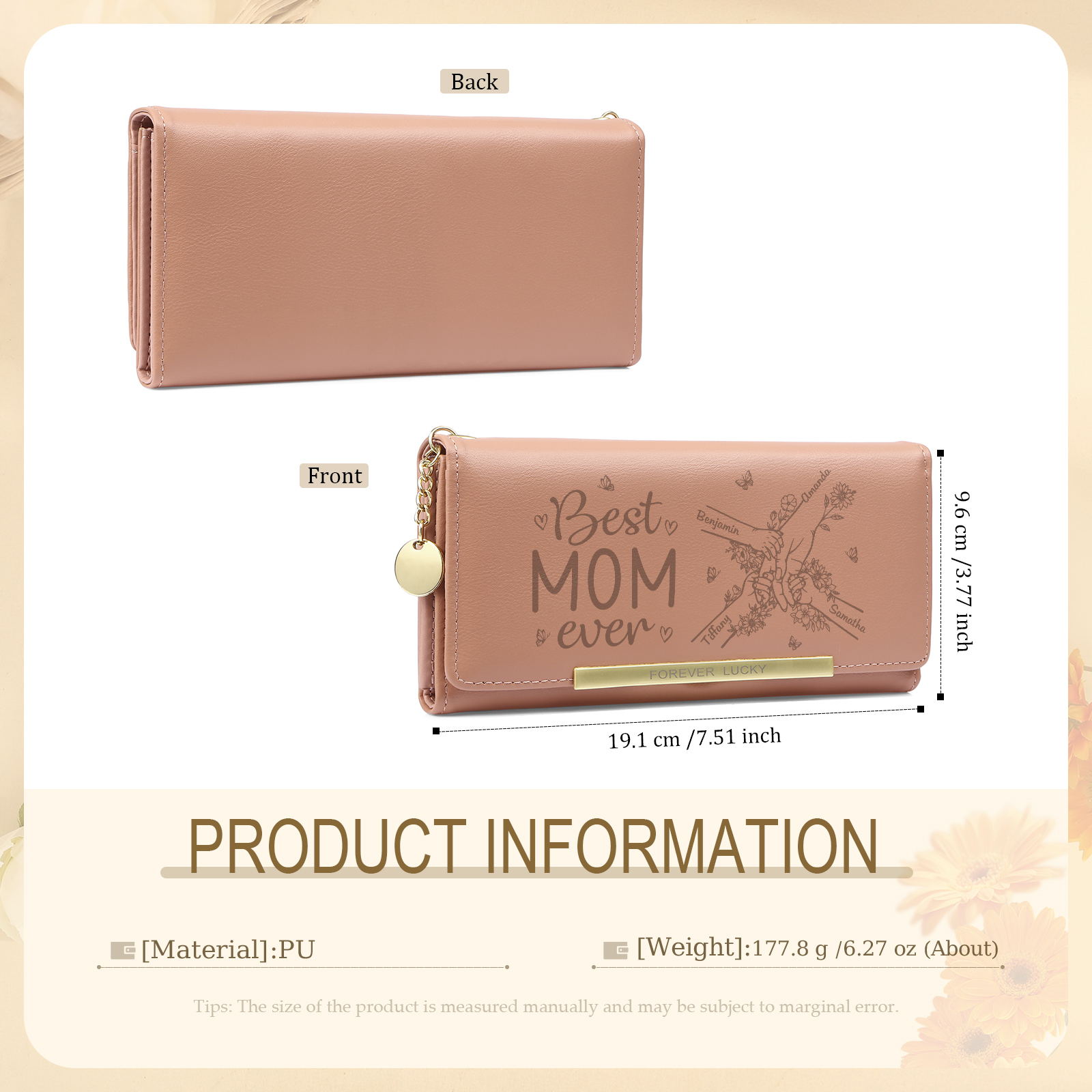 Personalized PU Leather Wallet with 4 Names – Best MOM Ever - A Unique Gift for Mother’s Day | Jessemade