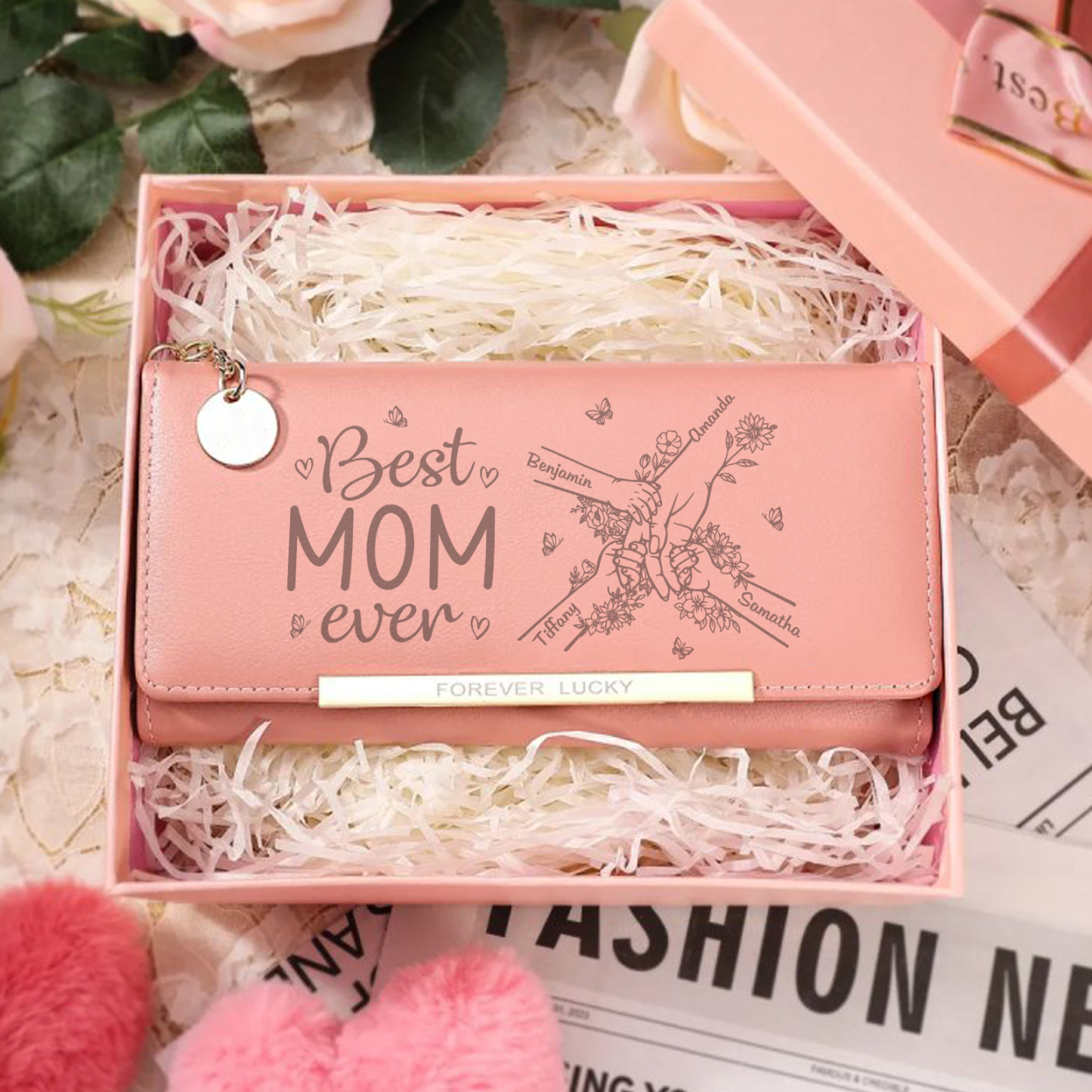 Personalized PU Leather Wallet with 4 Names – Best MOM Ever - A Unique Gift for Mother’s Day | Jessemade