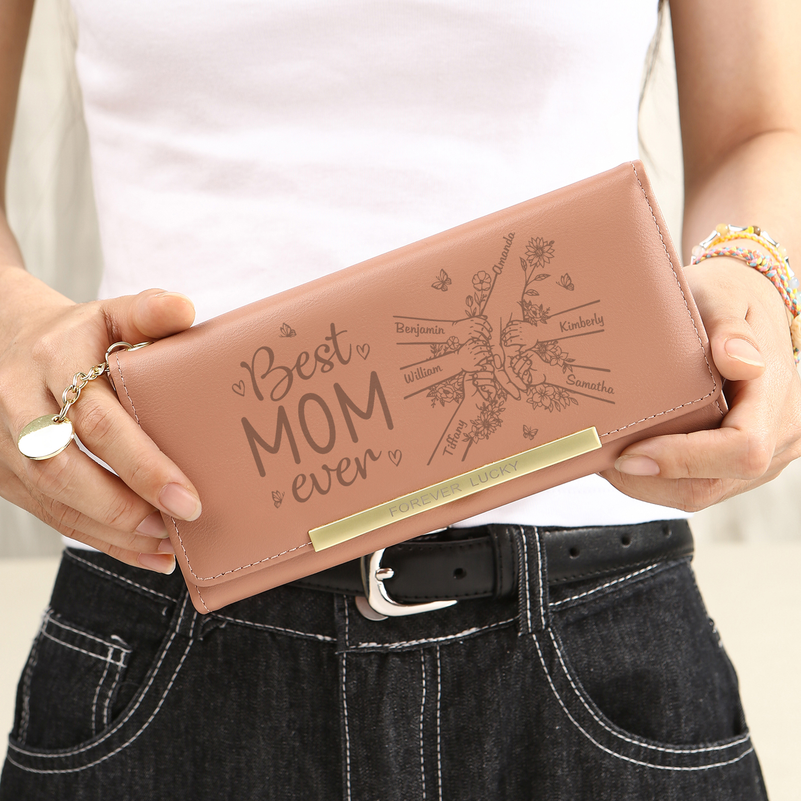 Personalized PU Leather Wallet with 6 Names – Best MOM Ever - A Unique Gift for Mother’s Day | Jessemade