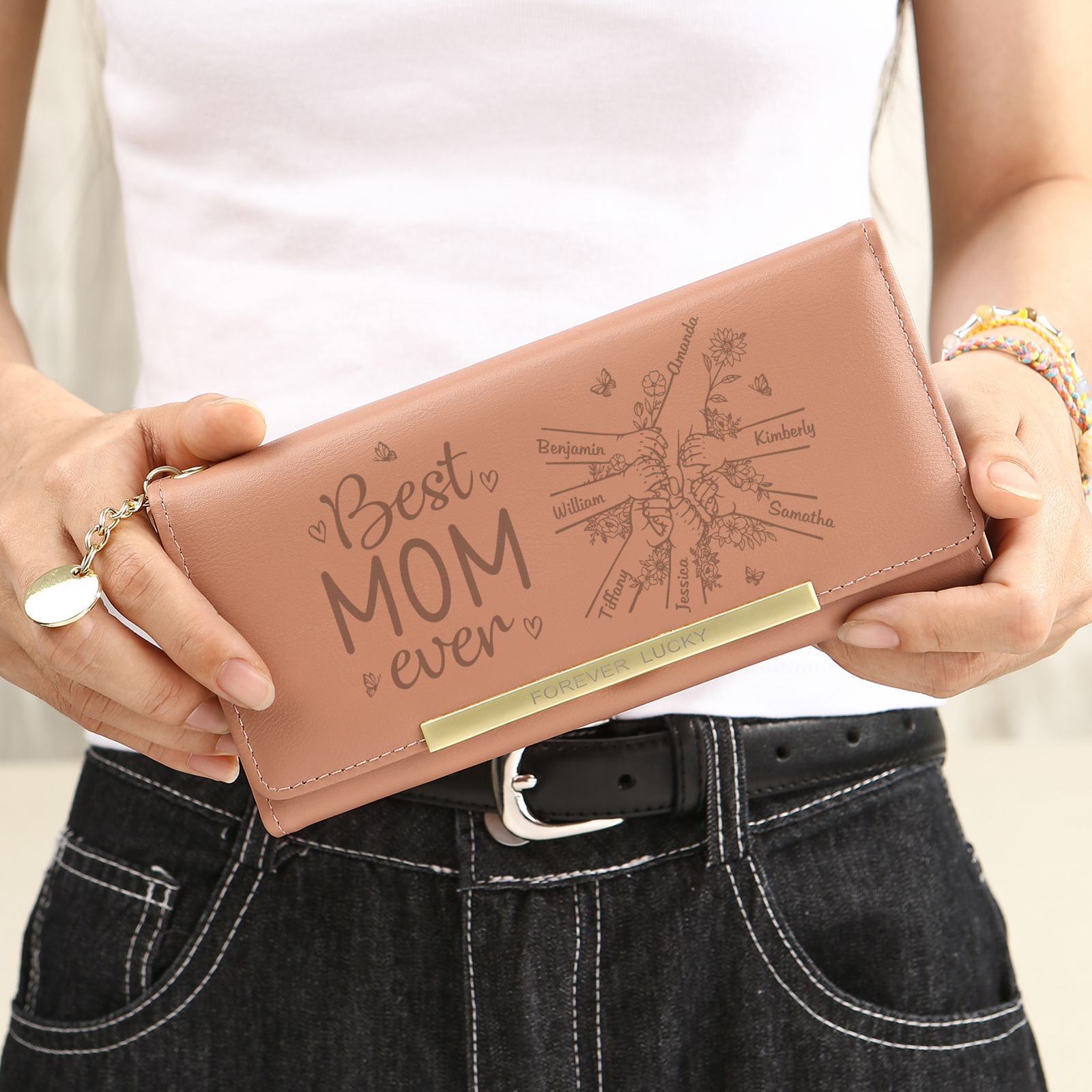 Personalized PU Leather Wallet with 7 Names – Best MOM Ever - A Unique Gift for Mother’s Day | Jessemade