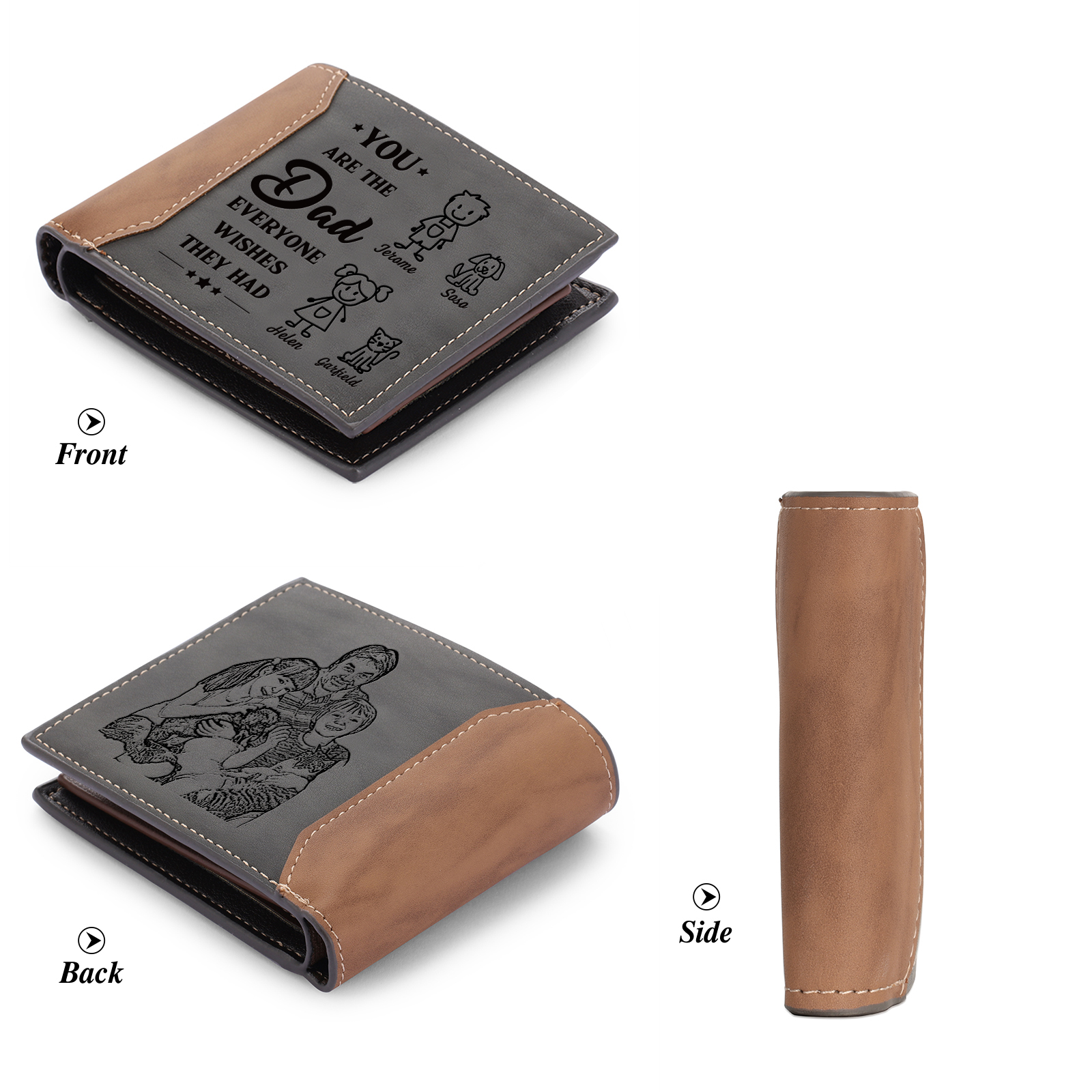 4 names - Custom Wallet with Personalized Character, Name & Text - Gifts for Father’s Day 