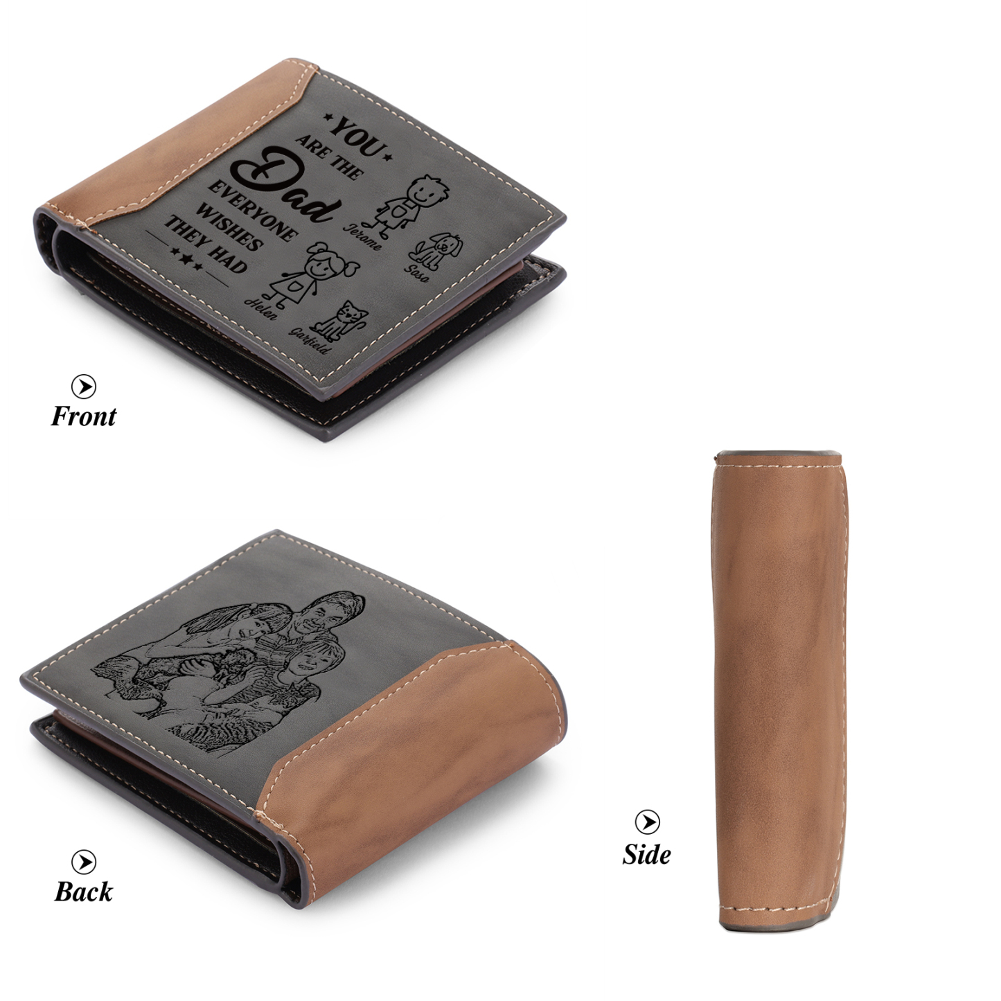 4 names - Custom Wallet with Personalized Character, Name & Text - Gifts for Father’s Day 