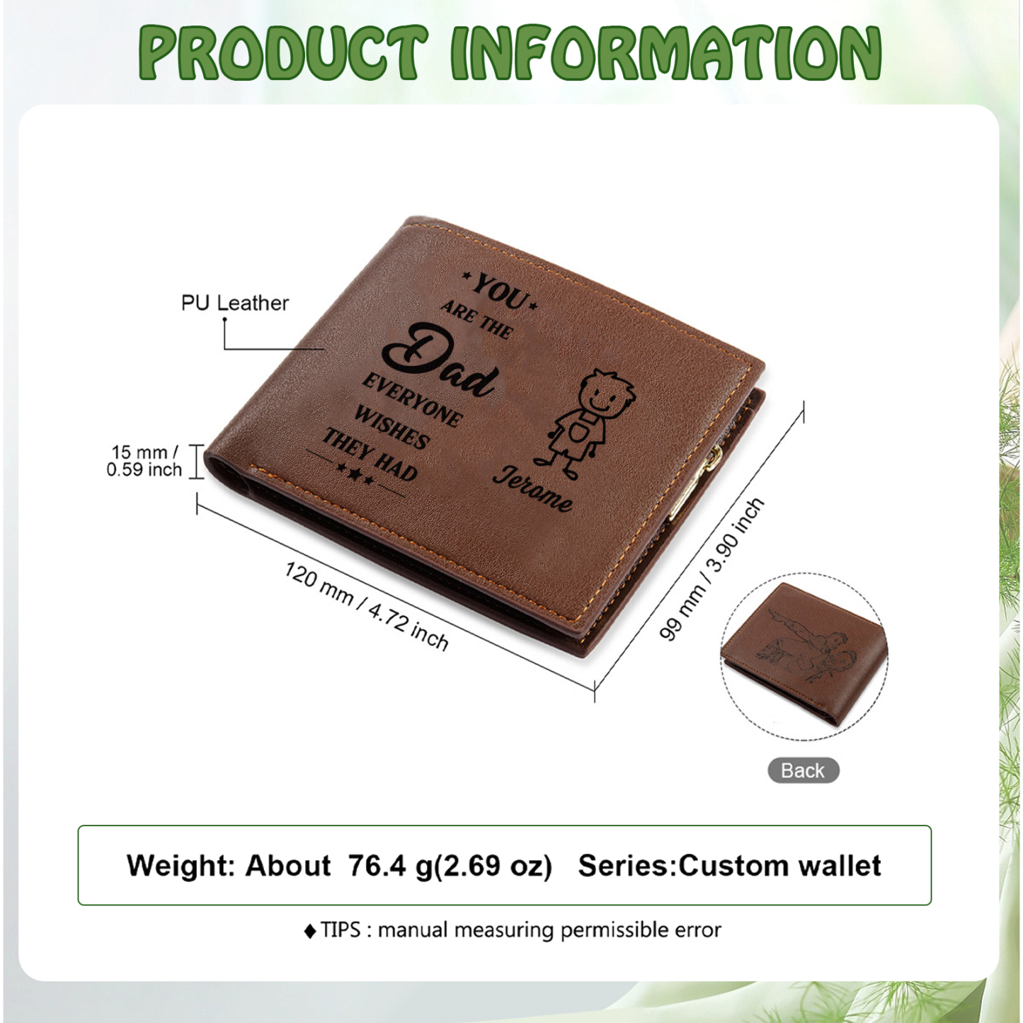 1 name - Custom PU Wallet with Personalized Character, Name & Text - Gifts for Father’s Day 