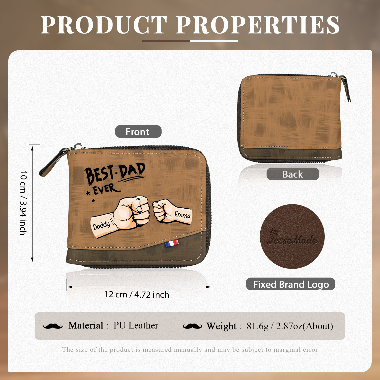 2 names - Custom Fist Wallet with Personalized Name & Text - Gifts for Father’s Day 