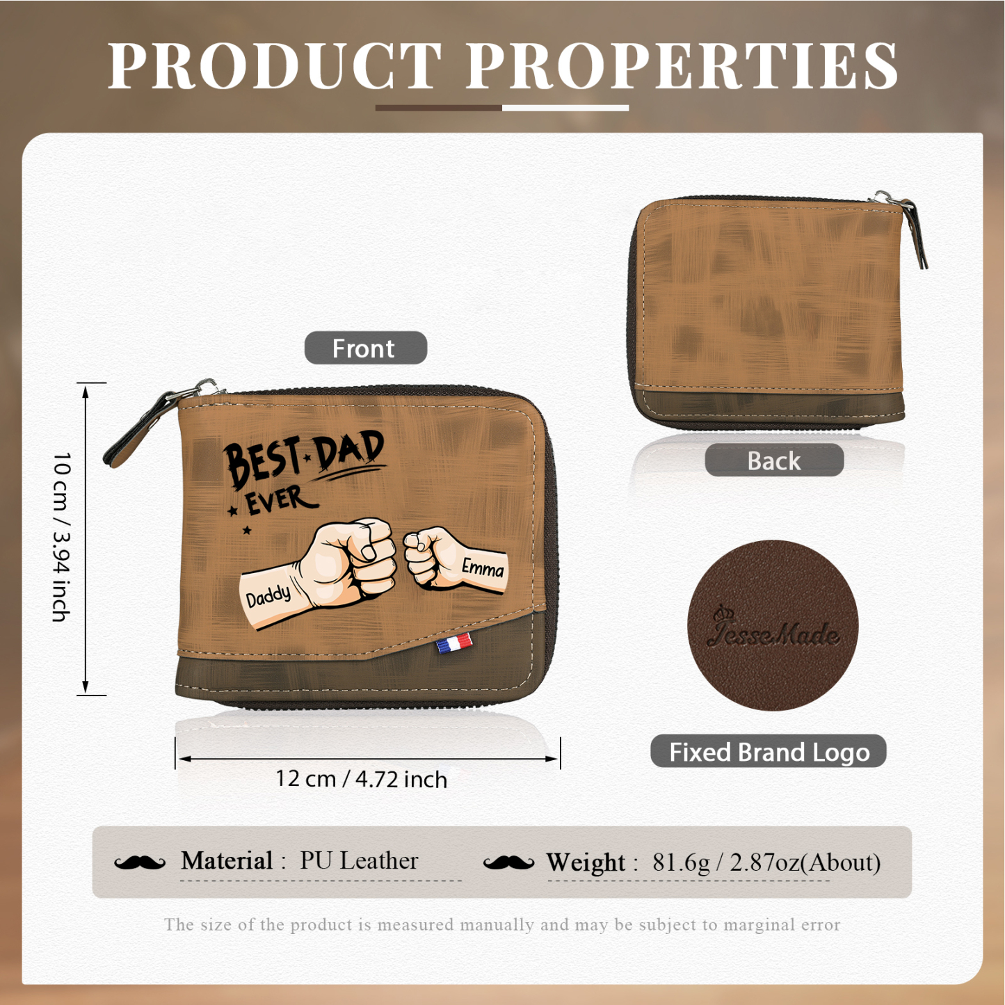 2 names - Custom Fist Wallet with Personalized Name & Text - Gifts for Father’s Day 