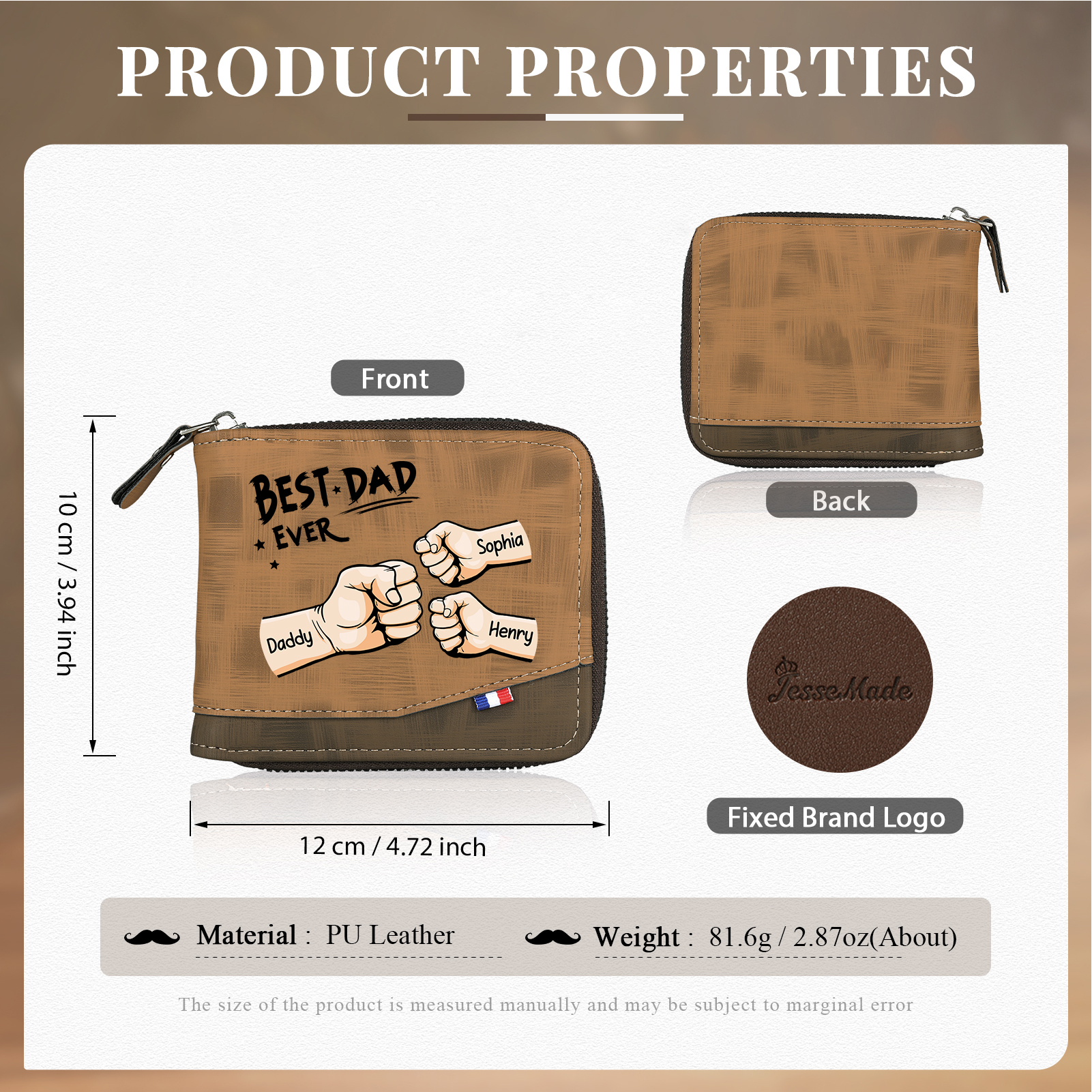 3 names - Custom Fist Wallet with Personalized Name & Text - Gifts for Father’s Day 