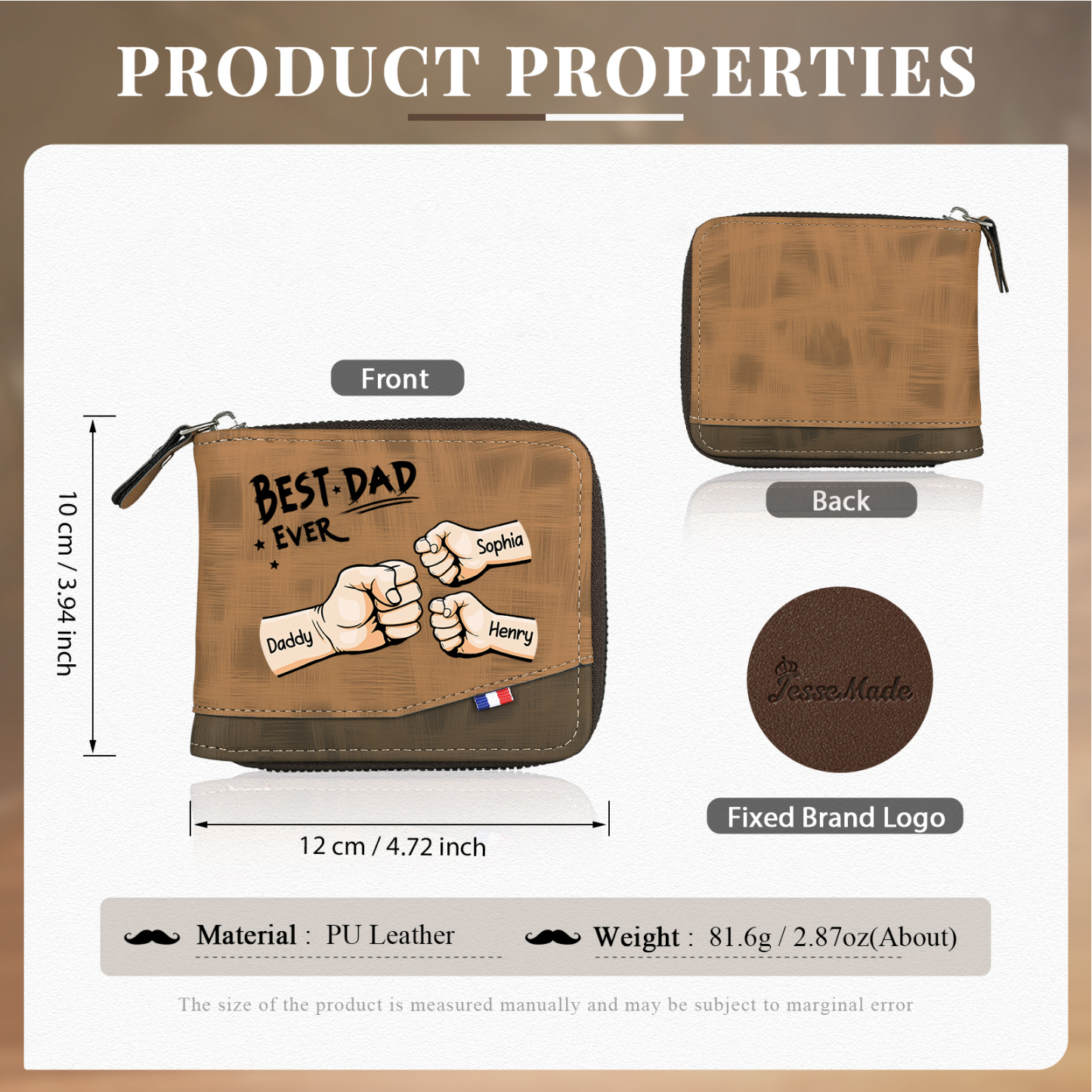 3 names - Custom Fist Wallet with Personalized Name & Text - Gifts for Father’s Day 