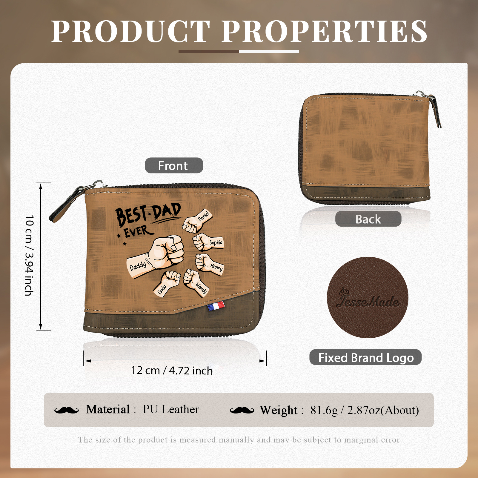 6 names - Custom Fist Wallet with Personalized Name & Text - Gifts for Father’s Day 