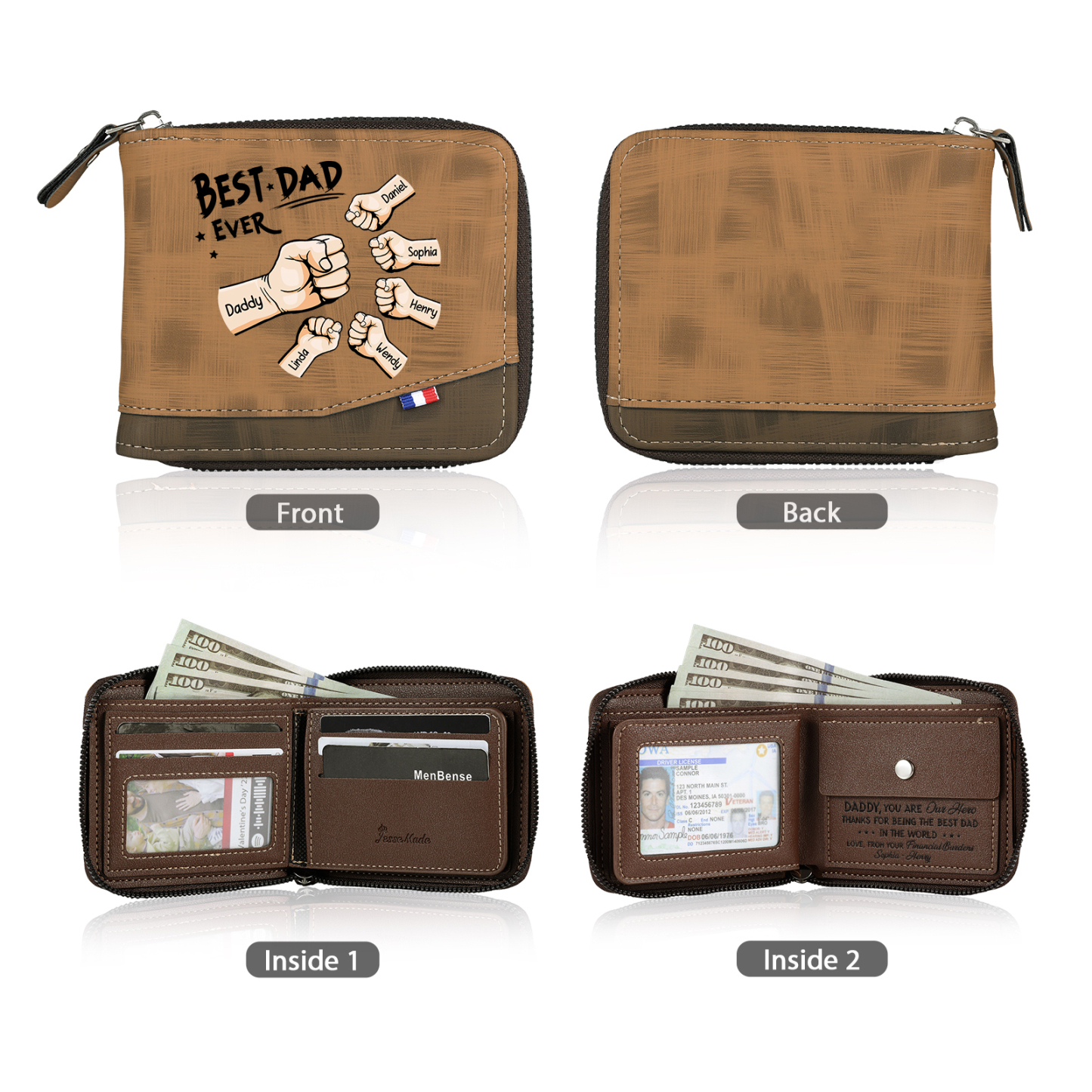 6 names - Custom Fist Wallet with Personalized Name & Text - Gifts for Father’s Day 