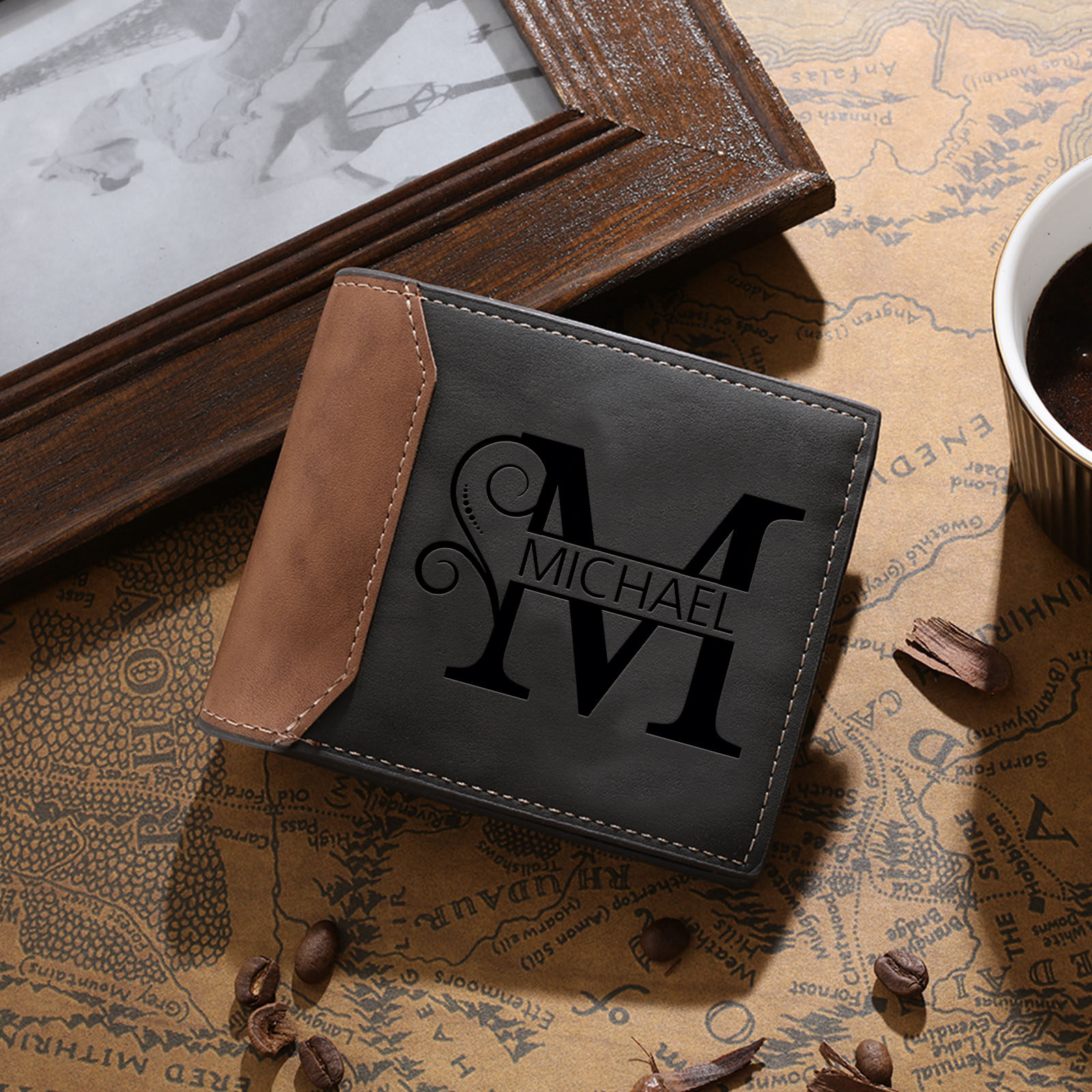 Personalized Name & Initial Grey wallet for Dad – Elegant Custom Leather Wallet | Father’s Day Gift from Kids - Customized in the USA & Ships in 2 Days