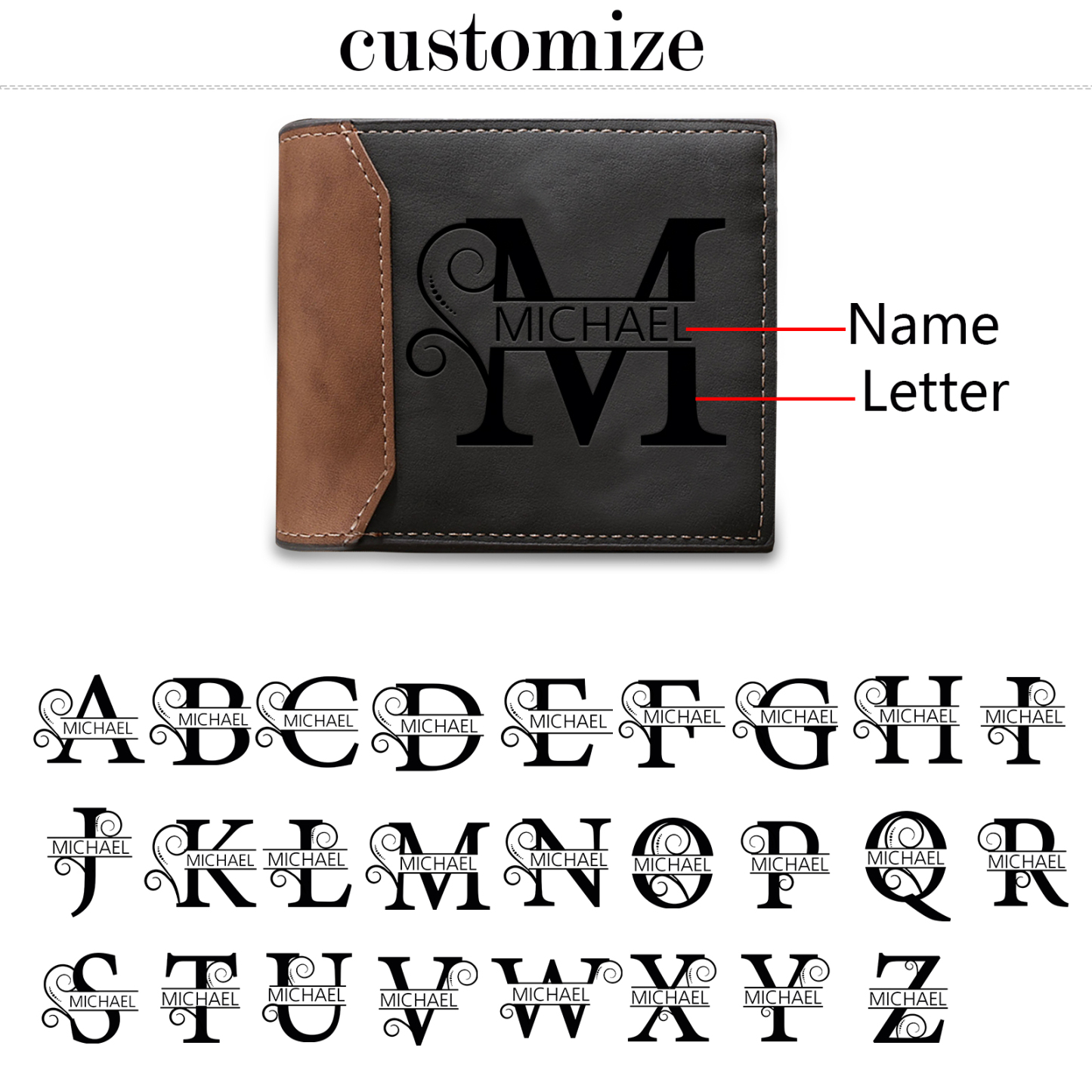 Personalized Name & Initial Grey wallet for Dad – Elegant Custom Leather Wallet | Father’s Day Gift from Kids - Customized in the USA & Ships in 2 Days