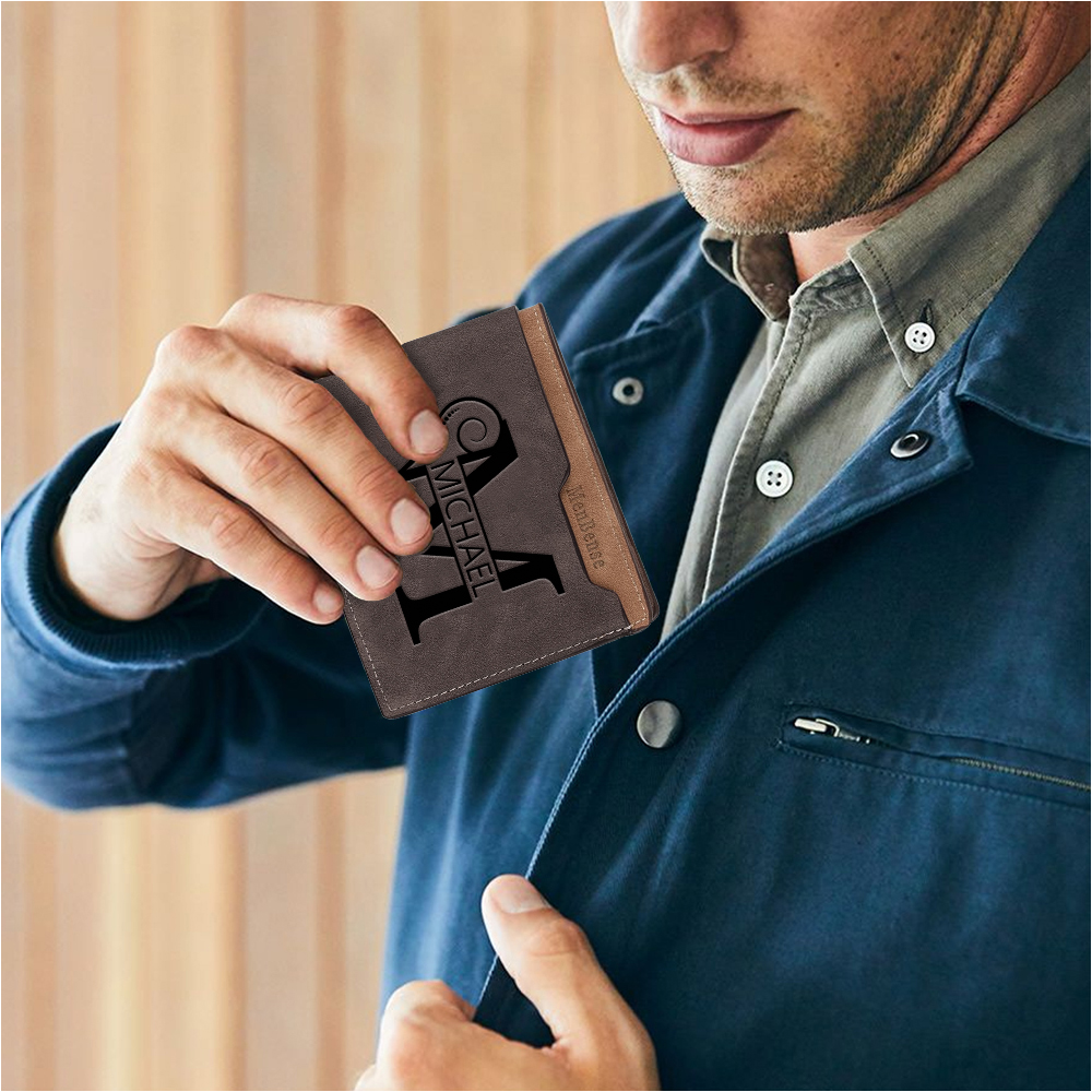 Personalized Name & Initial Brown wallet for Dad – Elegant Custom PU Leather Wallet | Father’s Day Gift from Kids - Customized in the USA & Ships in 2 Days
