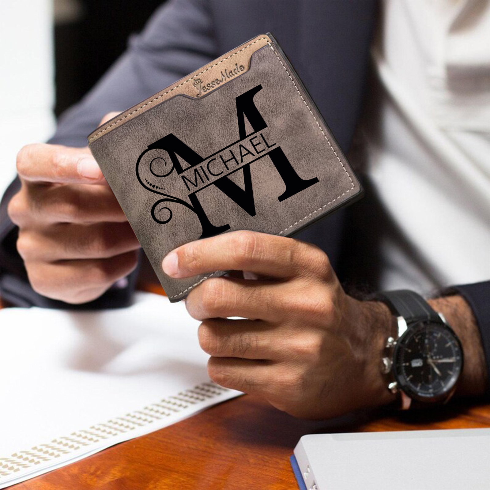 Personalized Name & Initial Brown wallet for Dad – Elegant Custom PU Leather Wallet | Father’s Day Gift from Kids - Customized in the USA & Ships in 2 Days