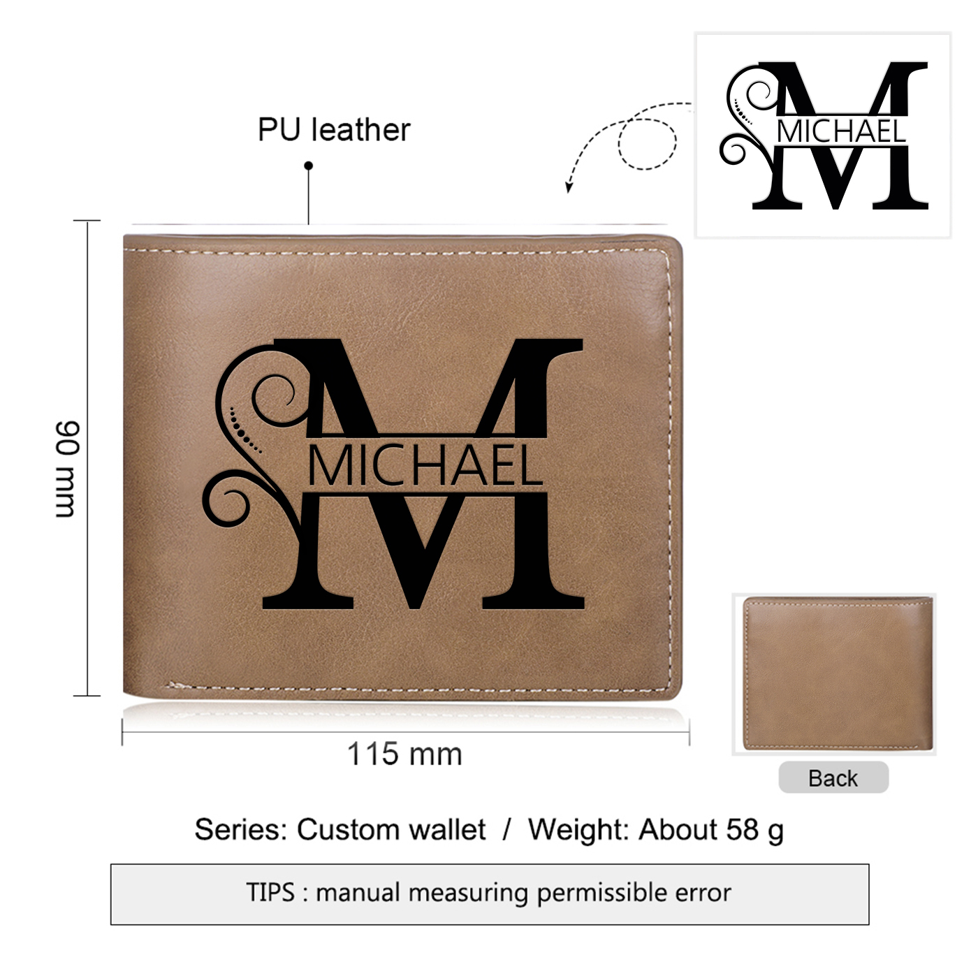 Personalized Name & Initial Light Brown wallet for Dad – Elegant Custom PU Leather Wallet | Father’s Day Gift from Kids - Customized in the USA & Ships in 2 Days