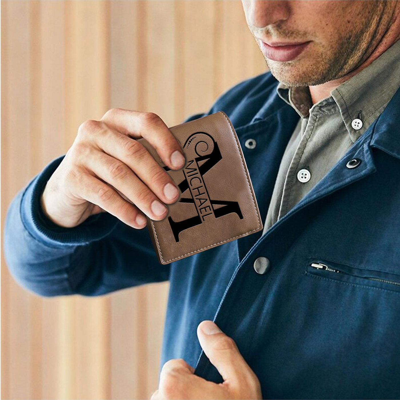 Personalized Name & Initial Light Brown wallet for Dad – Elegant Custom PU Leather Wallet | Father’s Day Gift from Kids - Customized in the USA & Ships in 2 Days