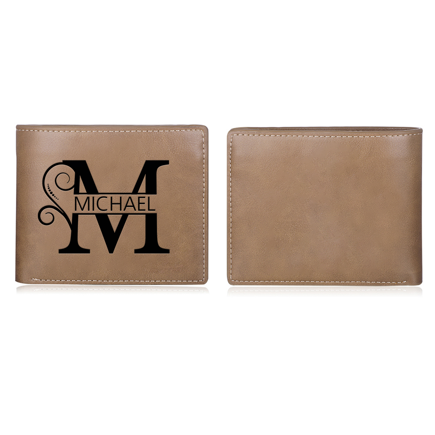 Personalized Name & Initial Light Brown wallet for Dad – Elegant Custom PU Leather Wallet | Father’s Day Gift from Kids - Customized in the USA & Ships in 2 Days