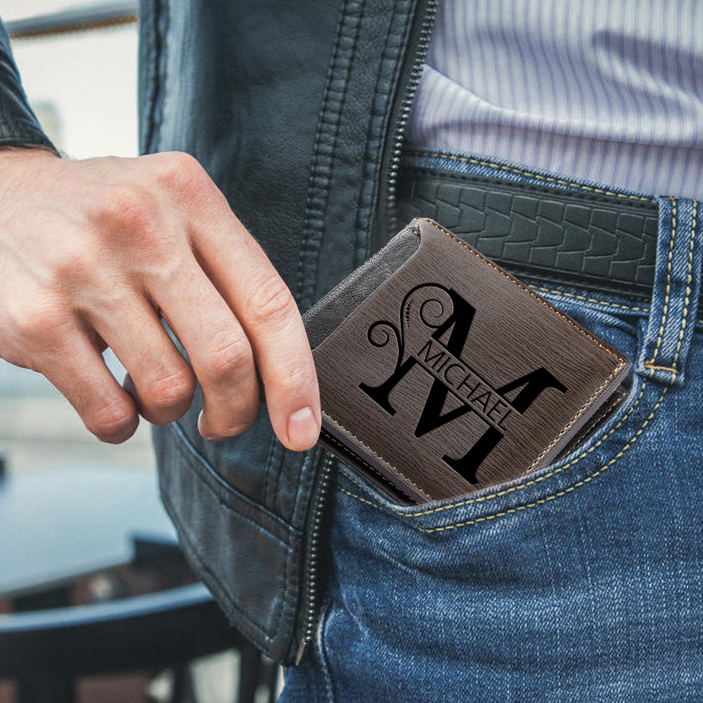 Personalized Name & Initial Dark Brown wallet for Dad – Elegant Custom PU Leather Wallet | Father’s Day Gift from Kids - Customized in the USA & Ships in 2 Days