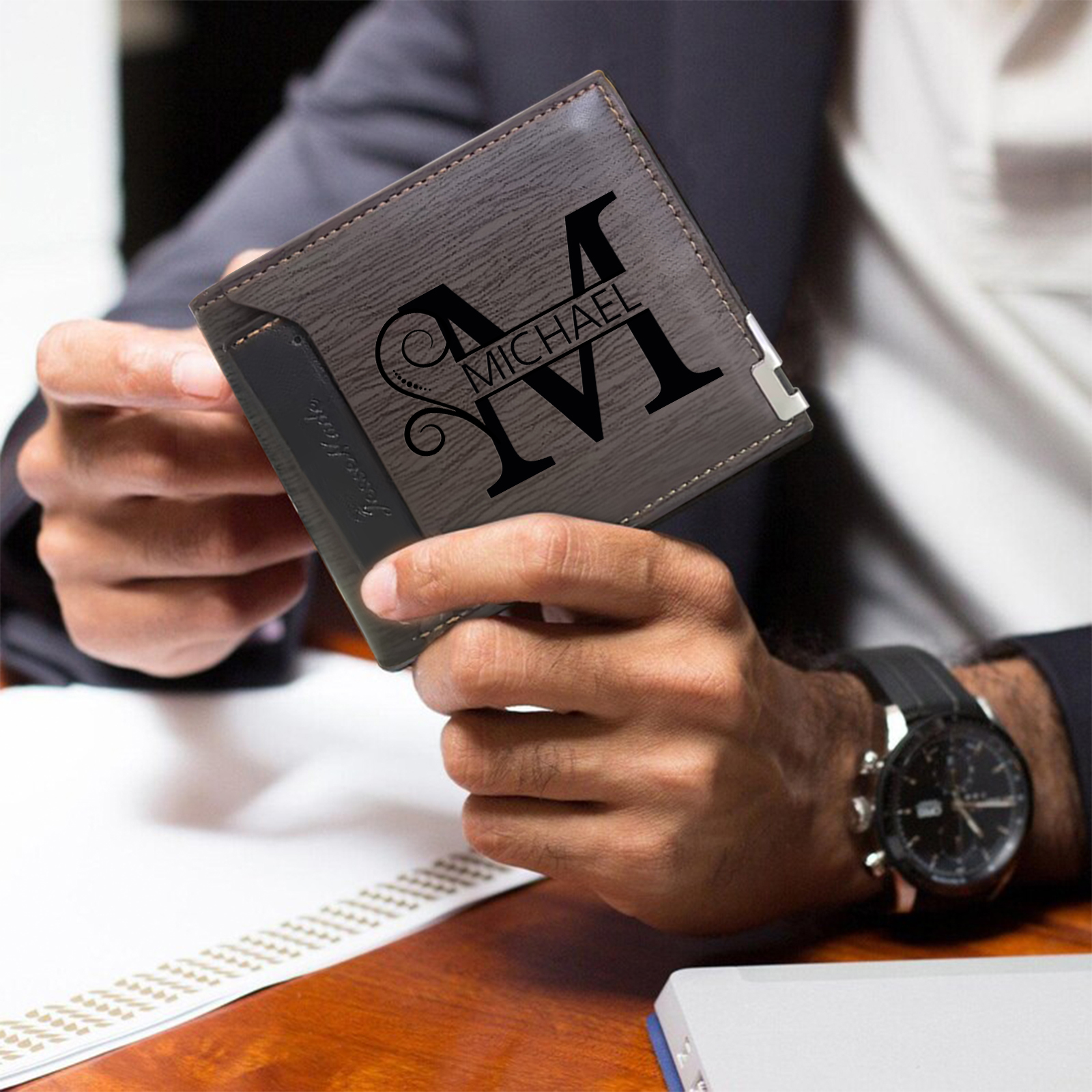 Personalized Name & Initial Dark Brown wallet for Dad – Elegant Custom PU Leather Wallet | Father’s Day Gift from Kids - Customized in the USA & Ships in 2 Days