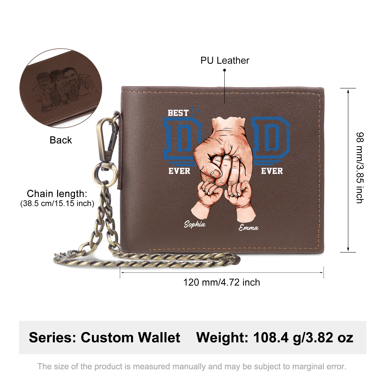 2 names - Personalized Wallet for Dad - Unique Fist Bump Design with Chain – PU Leather Bifold Father's Day Gift 